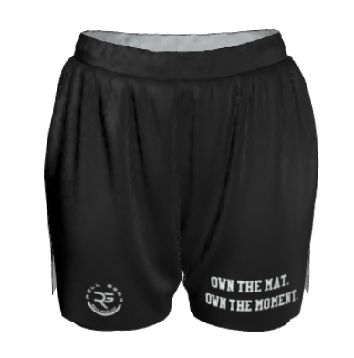 Unisex black 2-in-1 athletic shorts with built-in compression liner and side slits for mobility. Designed for performance training, featuring a sleek, minimalist look