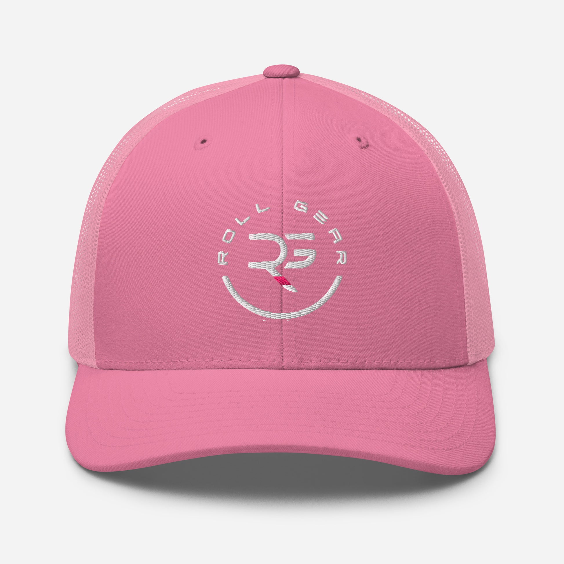 Black Roll Gear trucker hat featuring bold embroidered RG crest and curved bill
