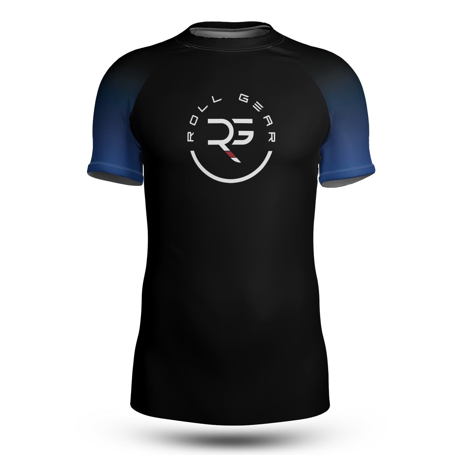 Blue belt ranked rash guard for adult Brazilian Jiu-Jitsu practitioners. Short sleeve design with black base and bold blue chest stripe, compliant with IBJJF competition rules. High-performance no-gi training rash guard by Roll Gear LLC.