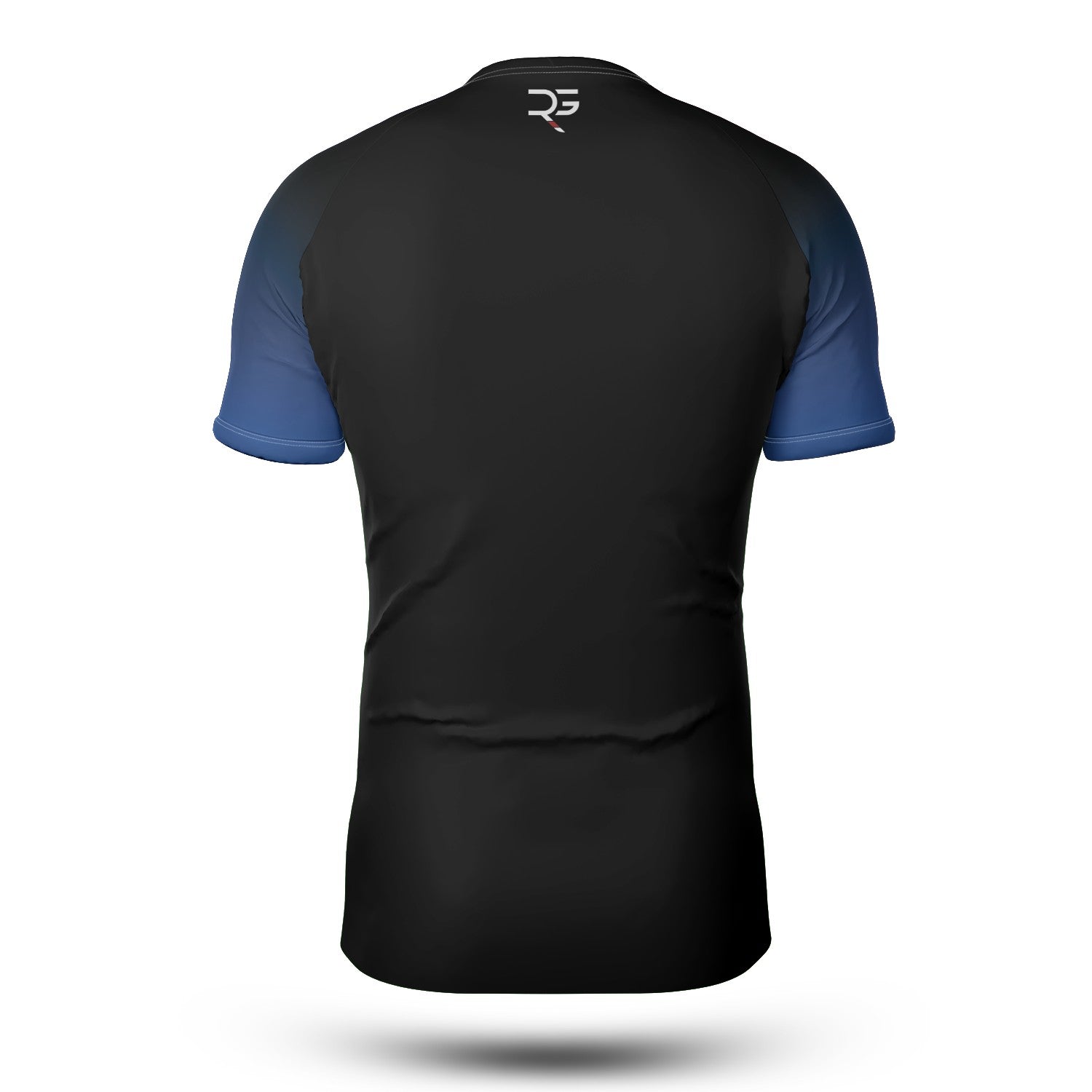 Rear view of blue belt no-gi BJJ rash guard featuring a blue chest and upper back stripe, designed for adult grapplers. Athletic fit with durable seams, moisture-wicking fabric, and “Own the Mat. Own the Moment.” slogan by Roll Gear LLC. Roll Gear