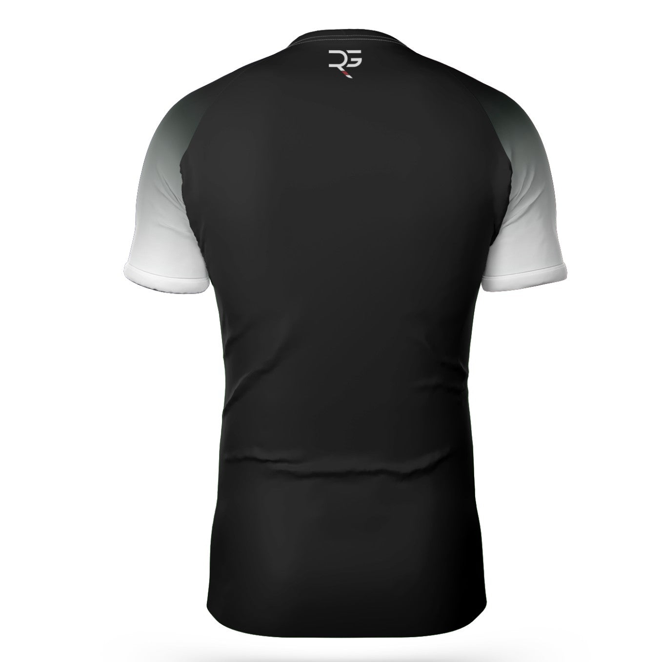 Back view of short sleeve ranked rash guard showing durable seams, rank-specific color blocking, and “Own the Mat. Own the Moment.” slogan. Perfect for adult jiu-jitsu competitors and gym training.