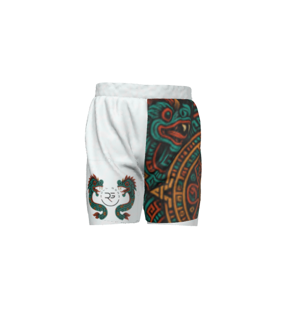 Front view of Youth White Tribal Fight Shorts with Aztec serpent design