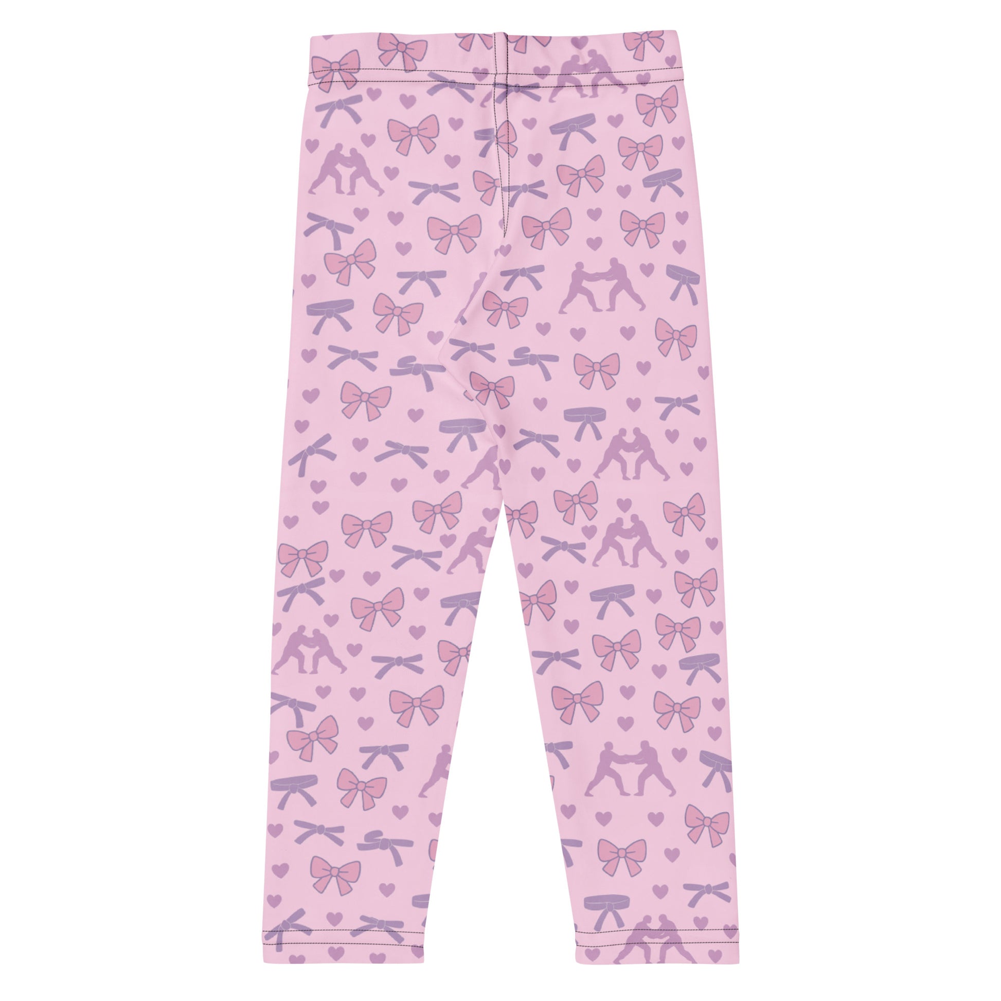 Kids BJJ spats in pink, black, and white with no text, designed to match the Bows, Belts & Armbars rash guard. Roll gear llc