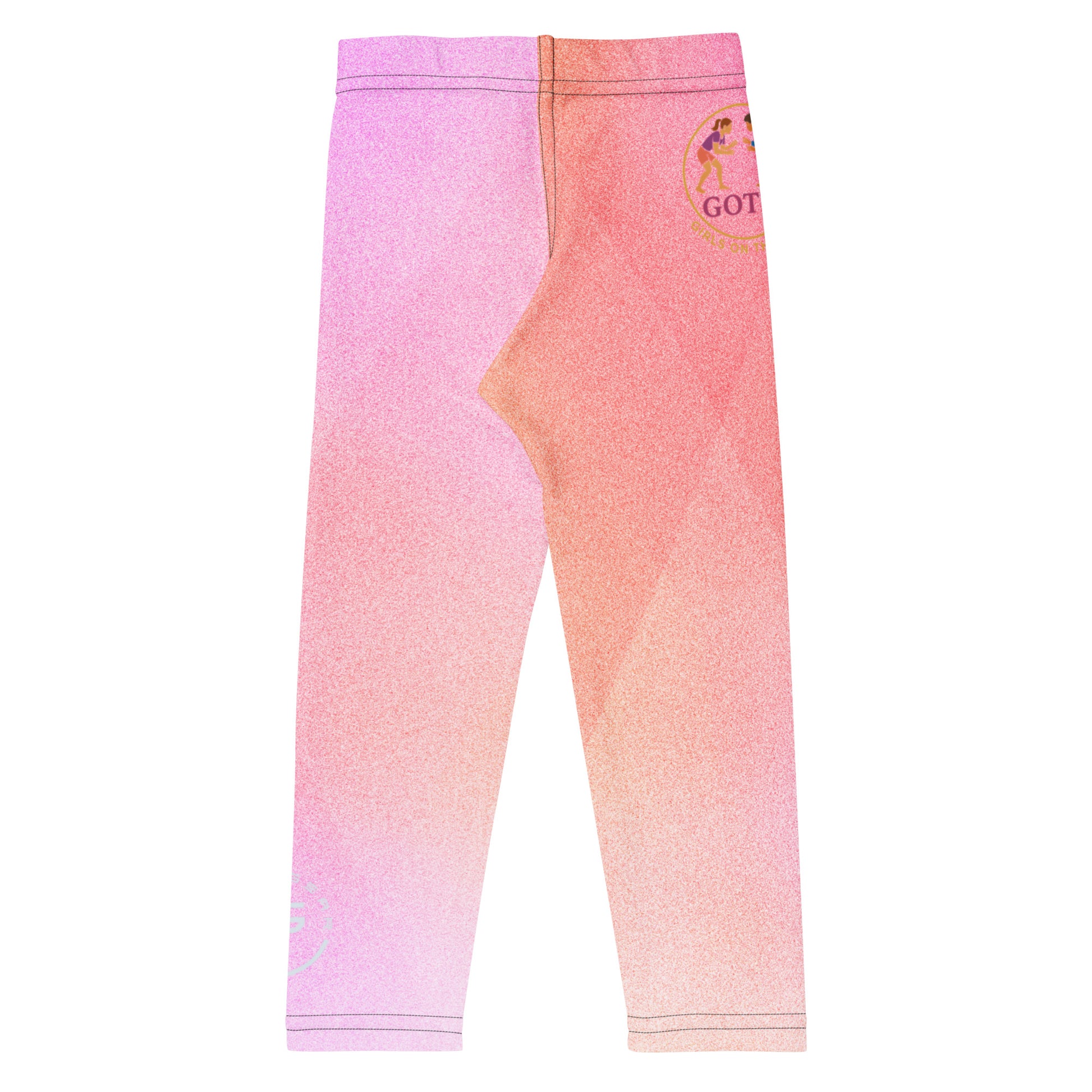 Gradient pink and purple leggings with a logo on a white background