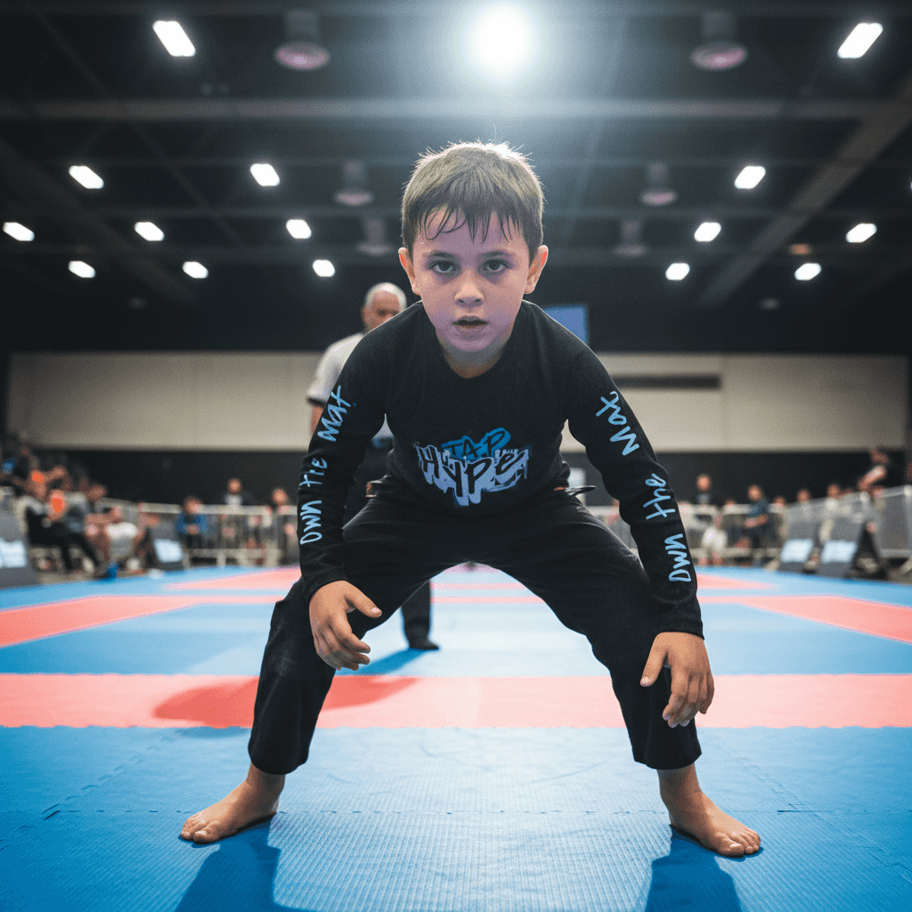 Child in martial arts gear on a mat in an indoor arena