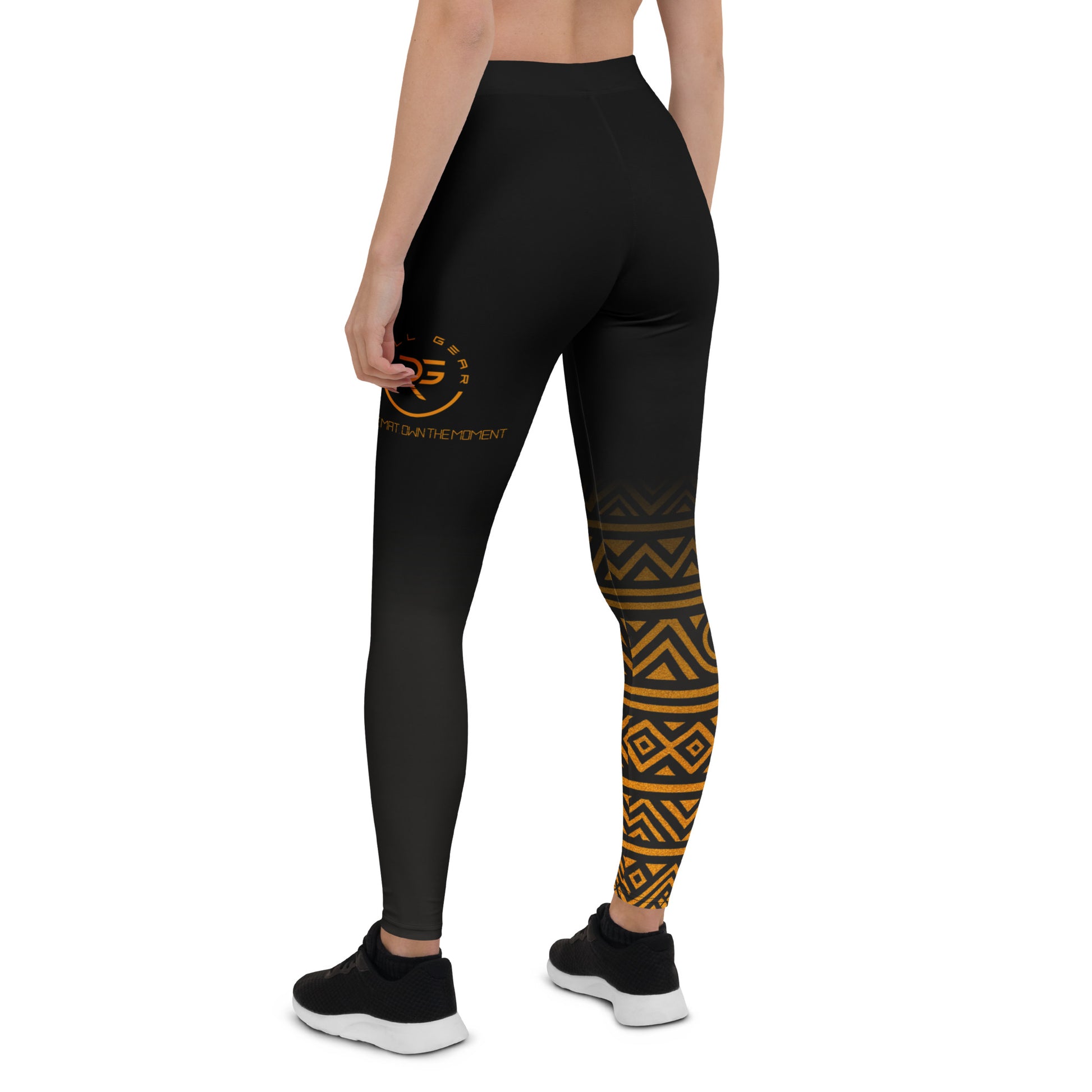 Black leggings with geometric pattern on a white background
