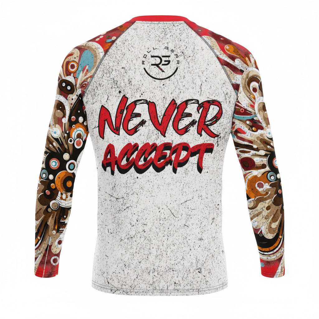 Long-sleeve shirt with abstract designs and 'Never Accept' text on a white background
