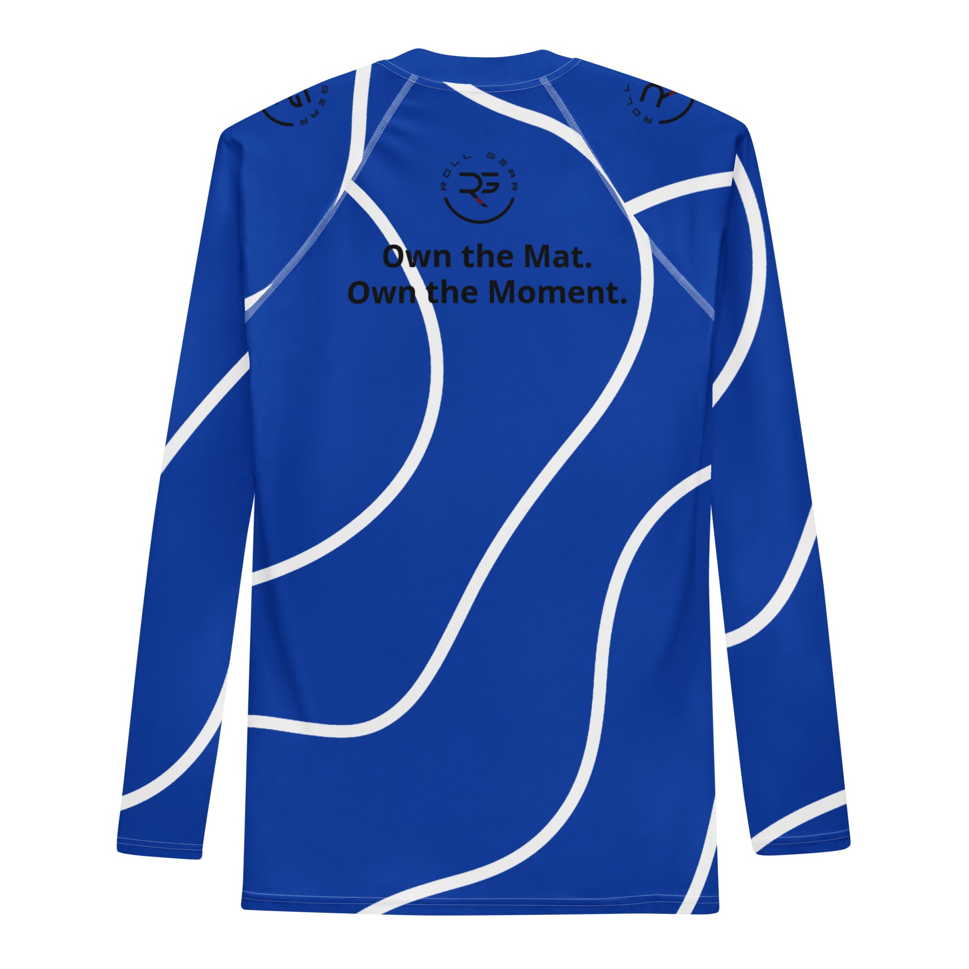 Blue athletic shirt with white text and design on a white background