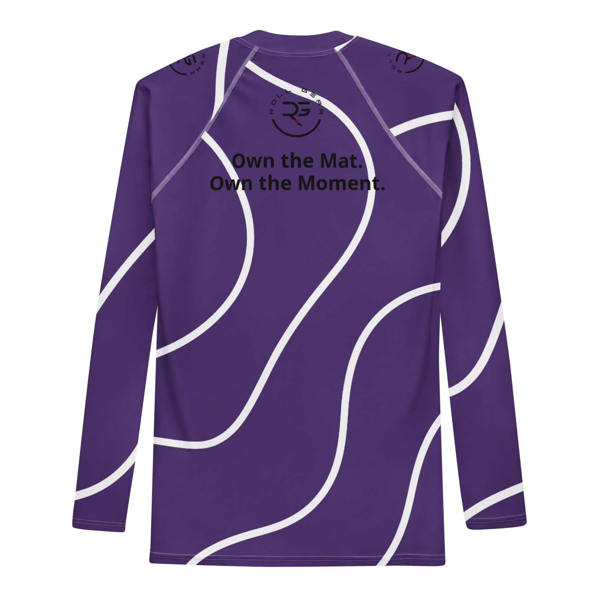 Purple athletic shirt with white designs and text on a white background