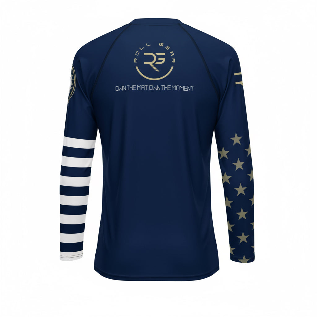 Navy long-sleeve shirt with white and blue striped sleeves and star patterns on a white background