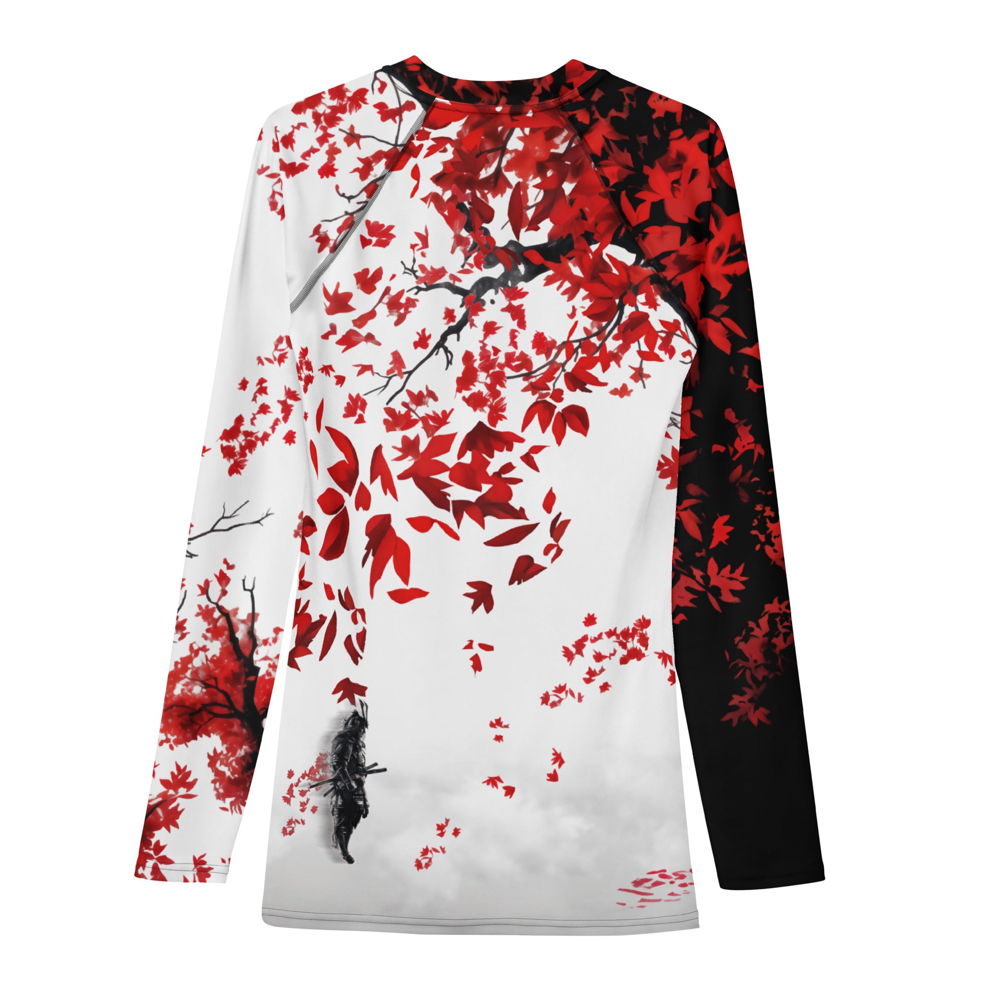 Back view of Roll Gear long-sleeve dragon rash guard showcasing red and black cherry blossom branches cascading across white fabric with a subtle Mount Fuji background. The Roll Gear logo and slogan “Own the Mat. Own the Moment.” appear between the shoulders. Premium BJJ compression shirt for jiu-jitsu, grappling, and martial arts training.