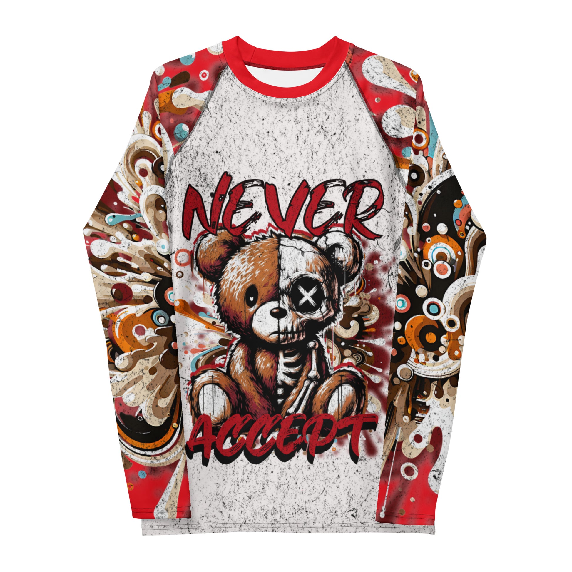 Long-sleeve shirt with a skeleton teddy bear graphic and 'Never Accept' text on a white background