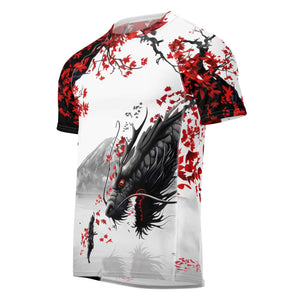 T-shirt with a black dragon and red floral design on a white background