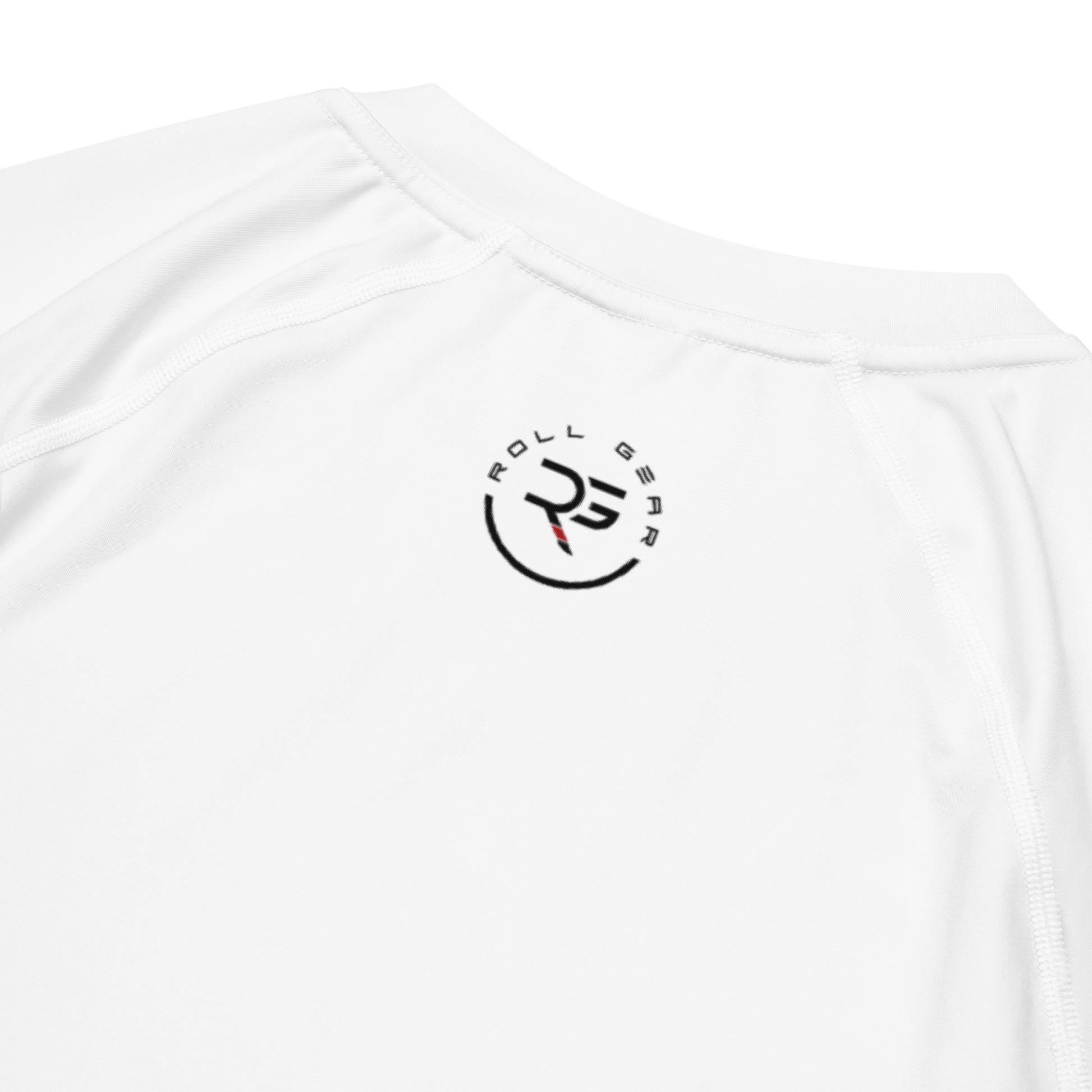 Back view of white short sleeve BJJ rash guard with streamlined cut and durable stitching – ideal entry-level grappling gear for no-gi jiu-jitsu and MMA training
