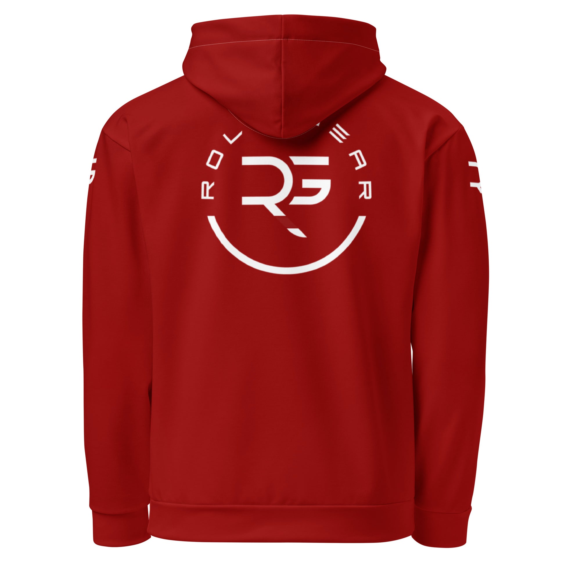 Red hoodie with a logo on the back against a white background
