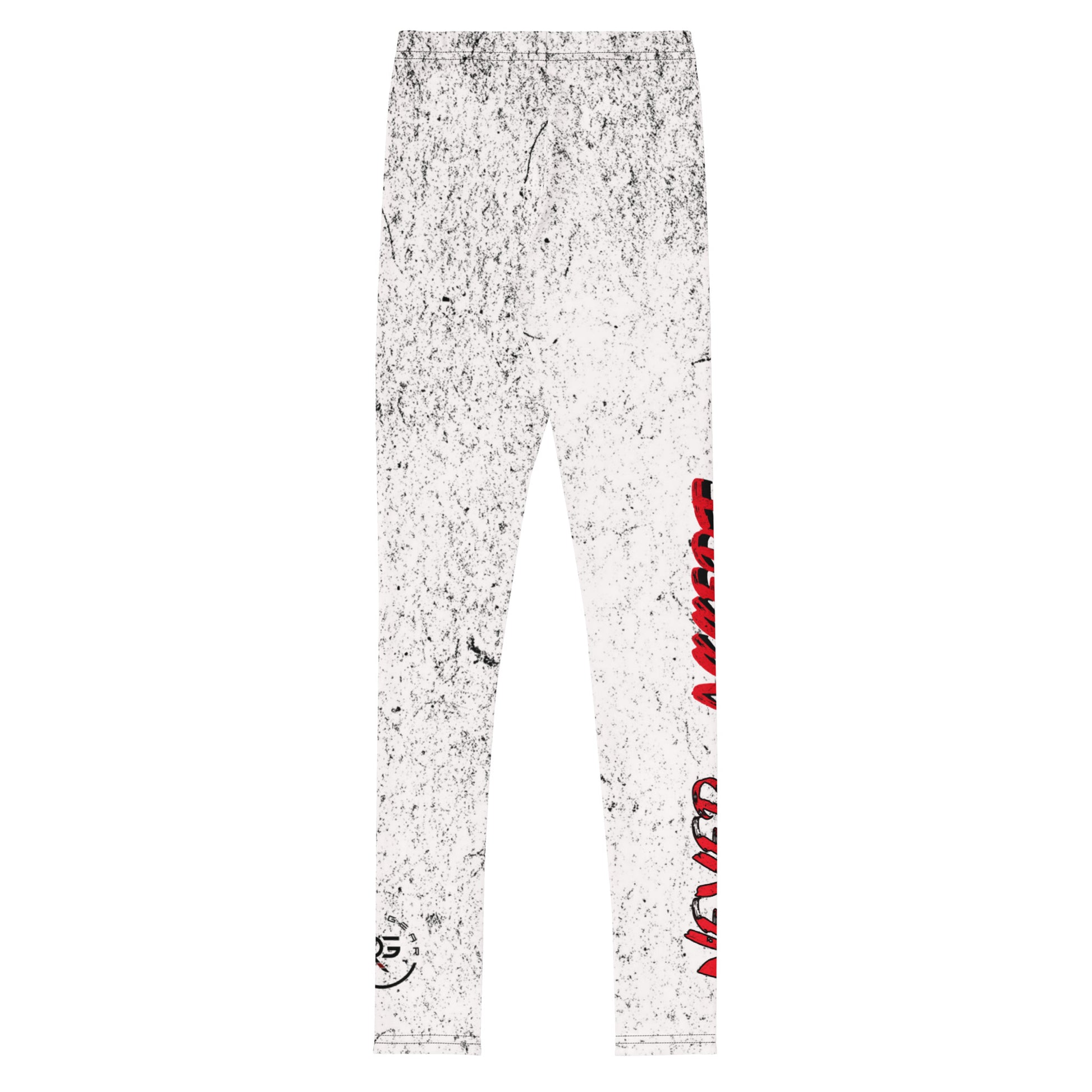 Speckled leggings with red text on a white background