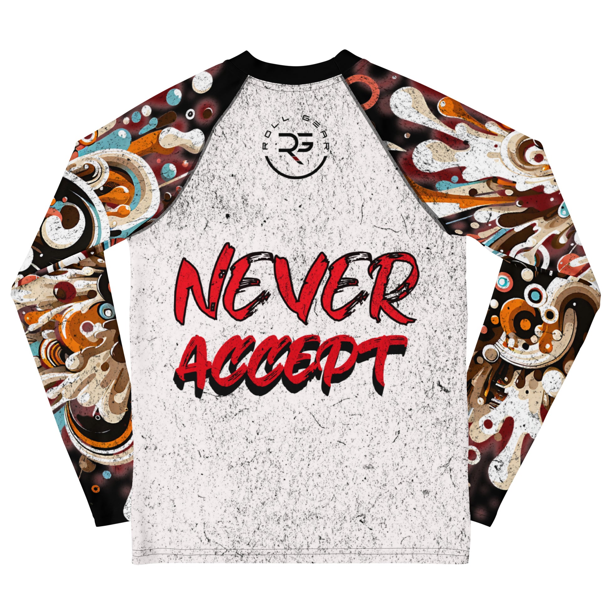 Baseball t-shirt with colorful sleeves and 'NEVER ACCEPT' text on a white background