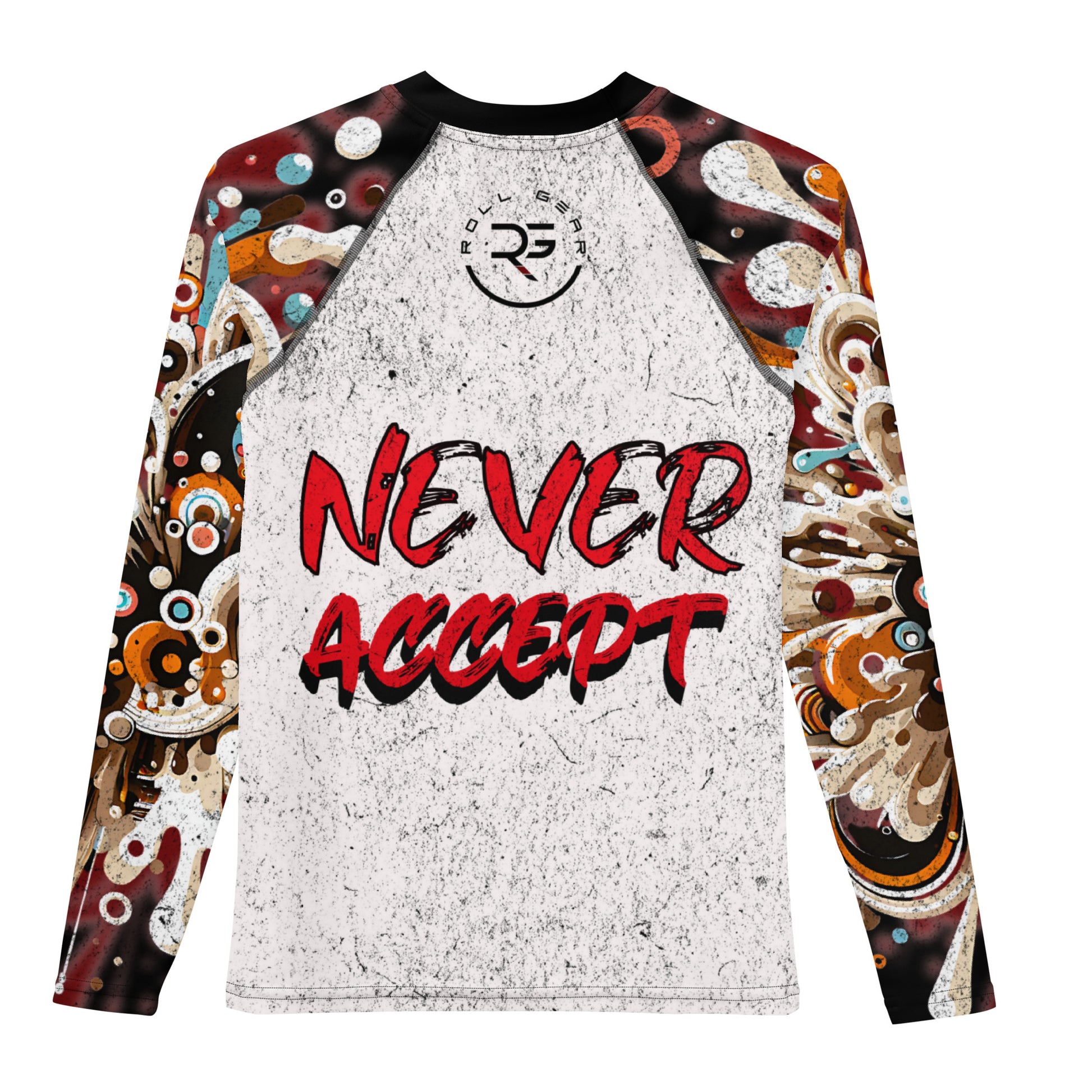 Long-sleeve shirt with abstract design and 'Never Accept' text on a white background