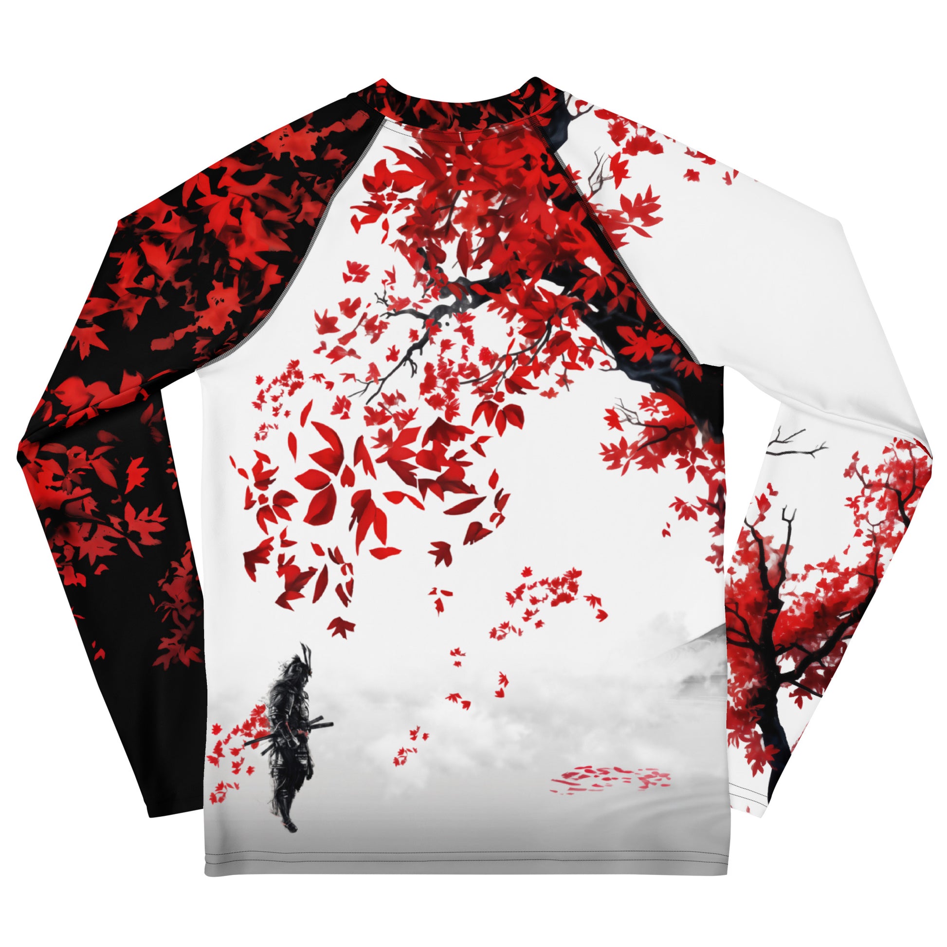 Long-sleeve shirt with red floral design and black silhouette on white background