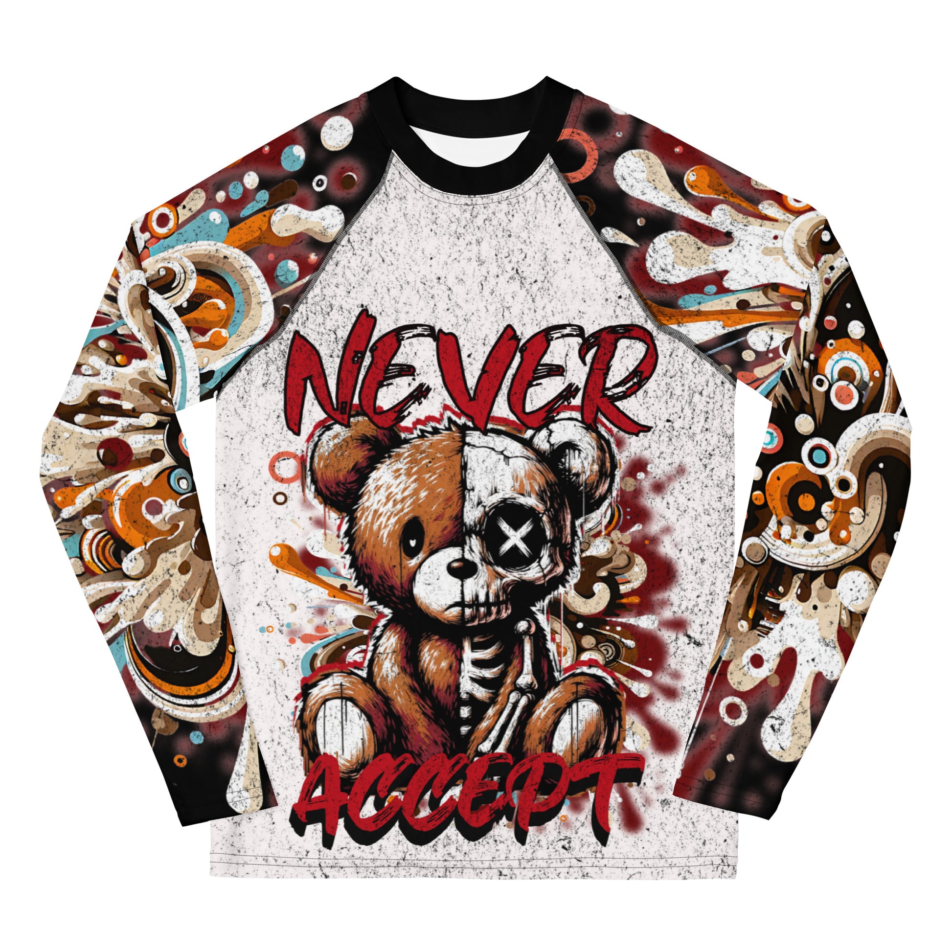 Sweatshirt with a skeleton bear design and 'Never Accept' text on a white background