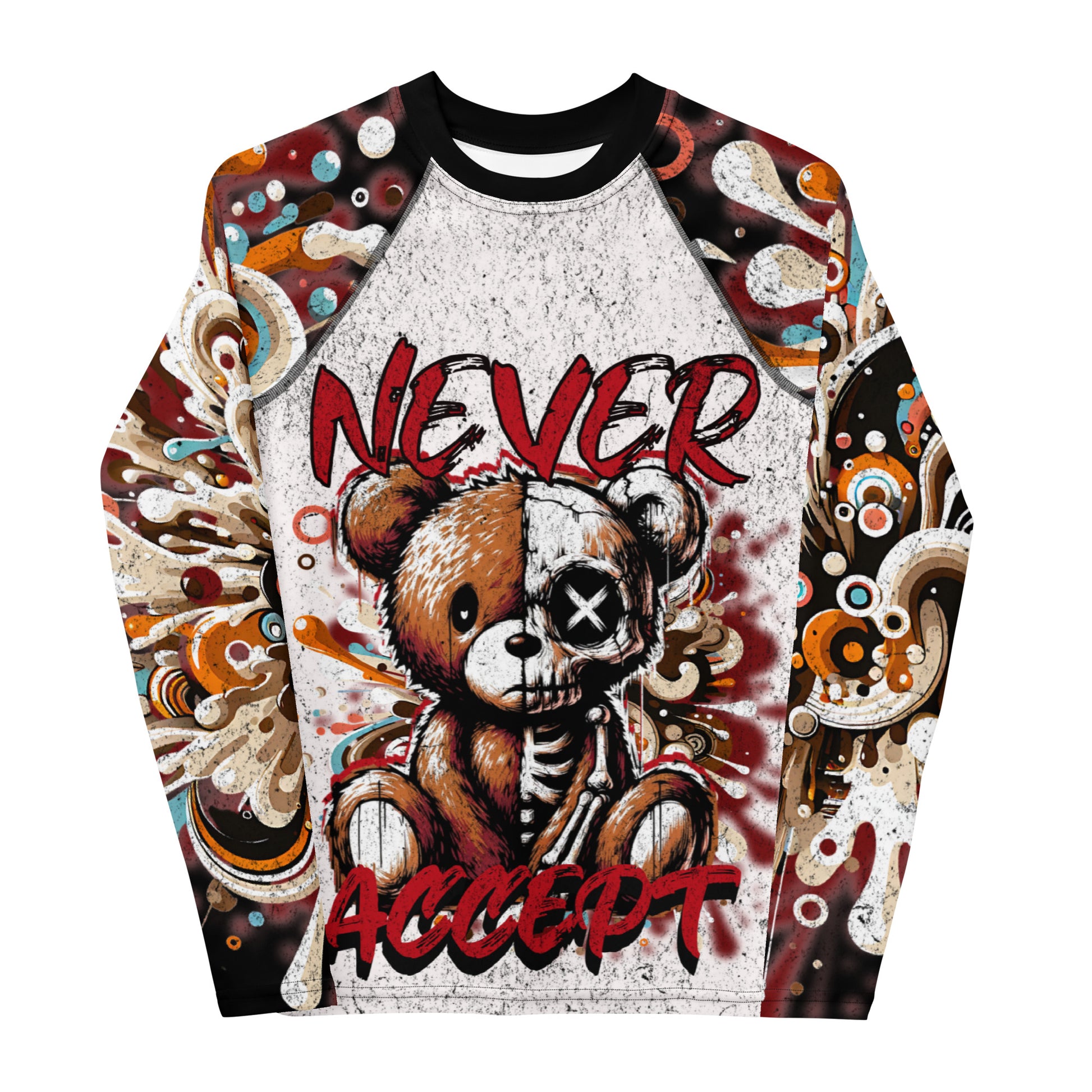 Sweatshirt with a graphic design of a skeleton bear and 'Never Accept' text on a white background