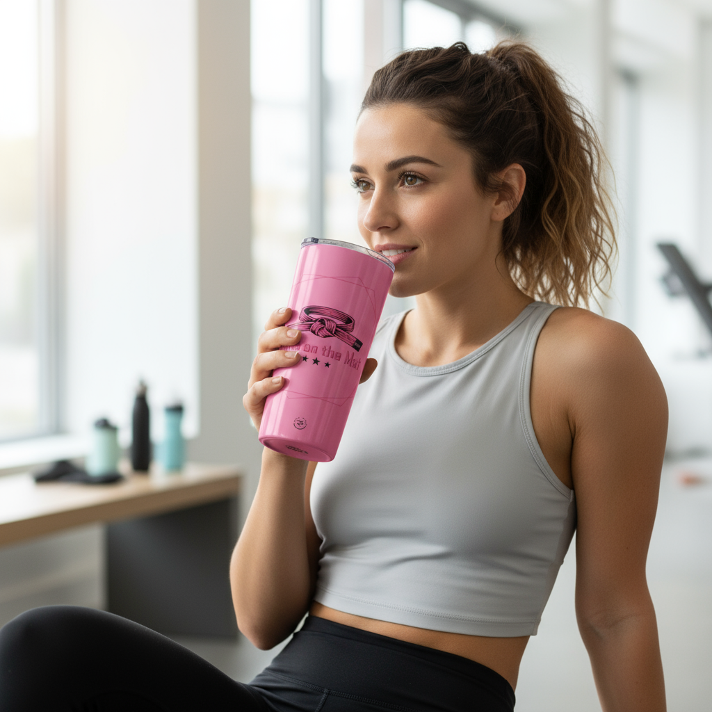 Woman holding a pink tumbler in a modern office setting