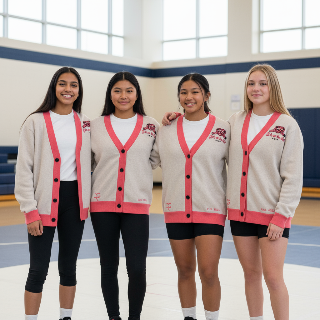 Four girls apart of wrestling club in matching cardigans standing together in a gymnasium.