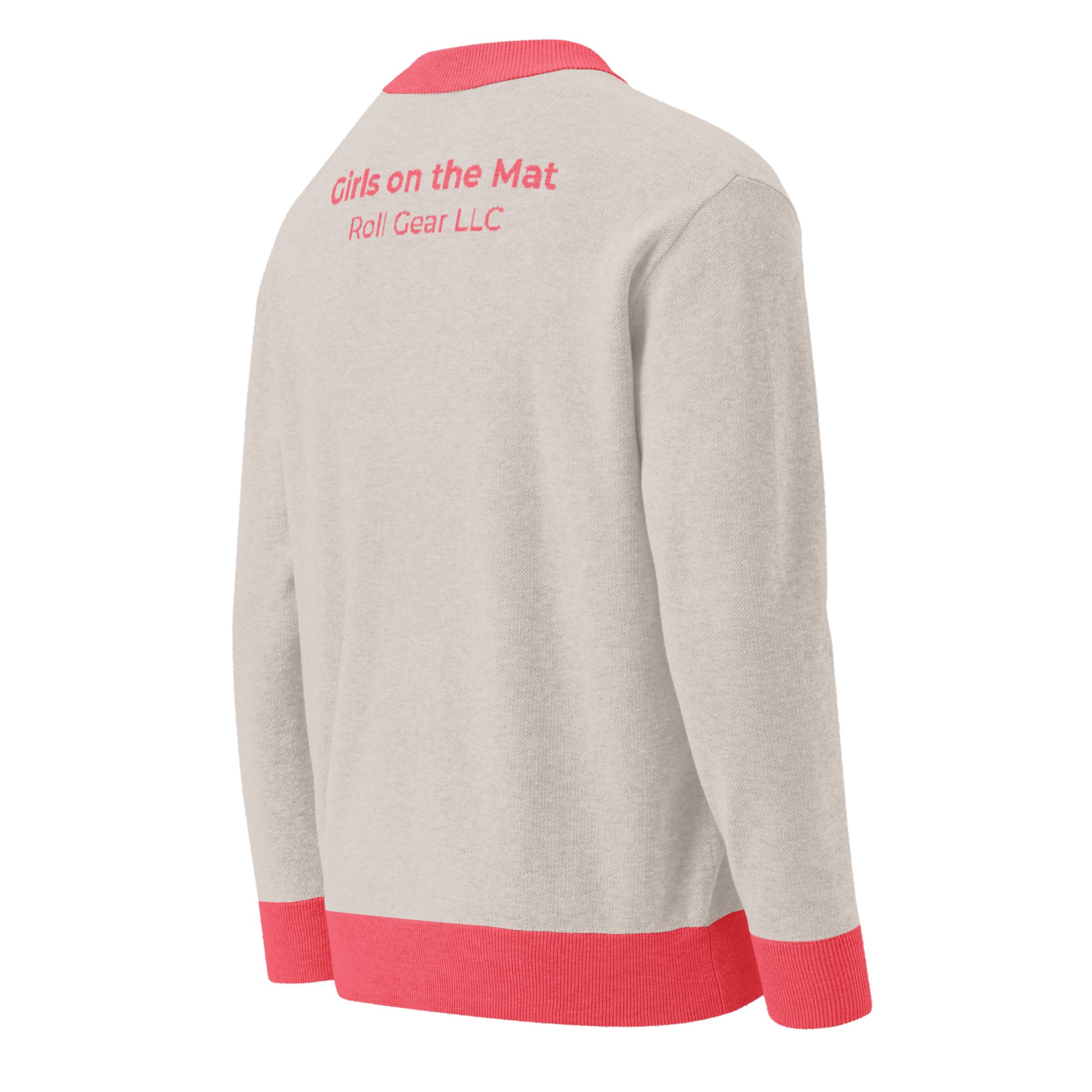 Gray sweater with red trim and 'Girls on the Mat' branding on a white background