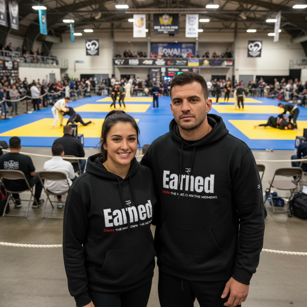Two people wearing 'Earned' hoodies in a martial arts competition setting