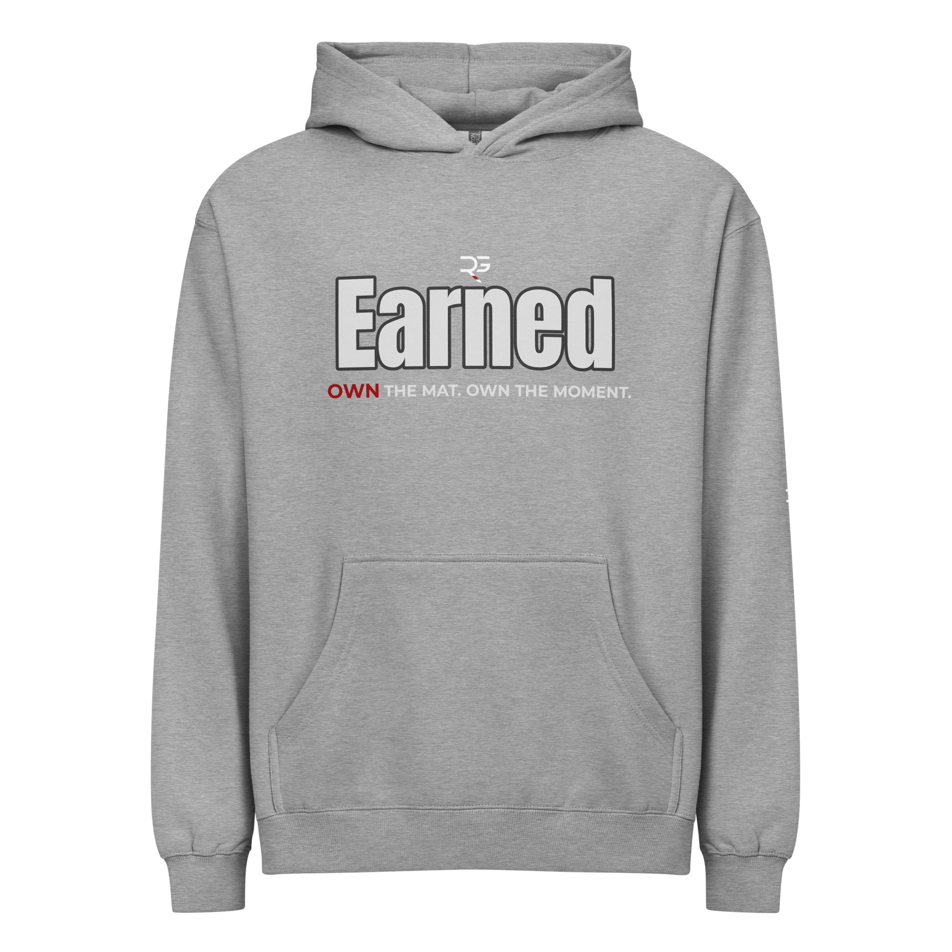 Gray hoodie with 'Earned' text and logo on a white background