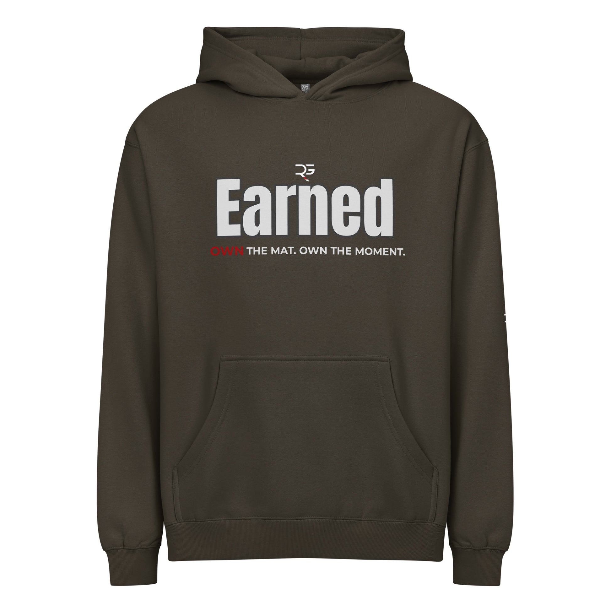 Brown hoodie with 'Earned' text and logo on a white background