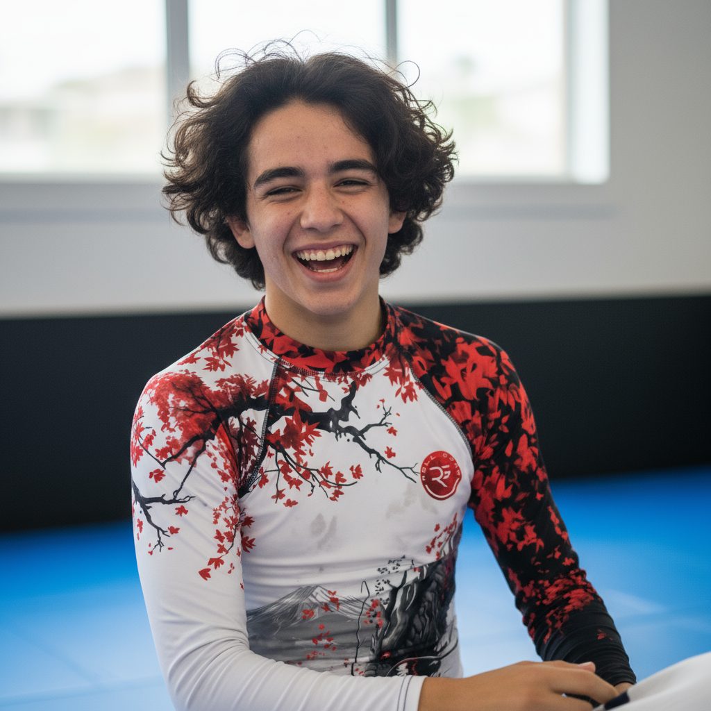 Person wearing a red and black patterned shirt with a cherry blossom design indoors.