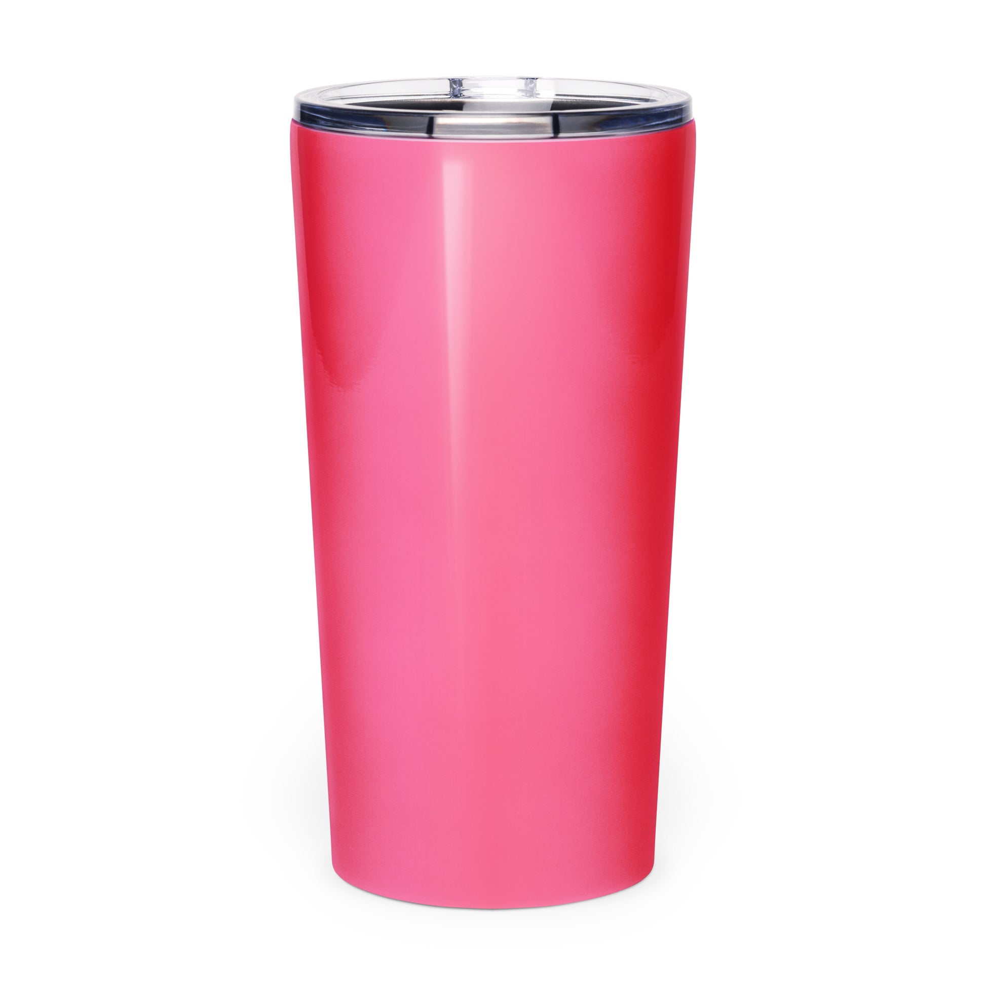 Pink tumbler with a silver rim on a white background