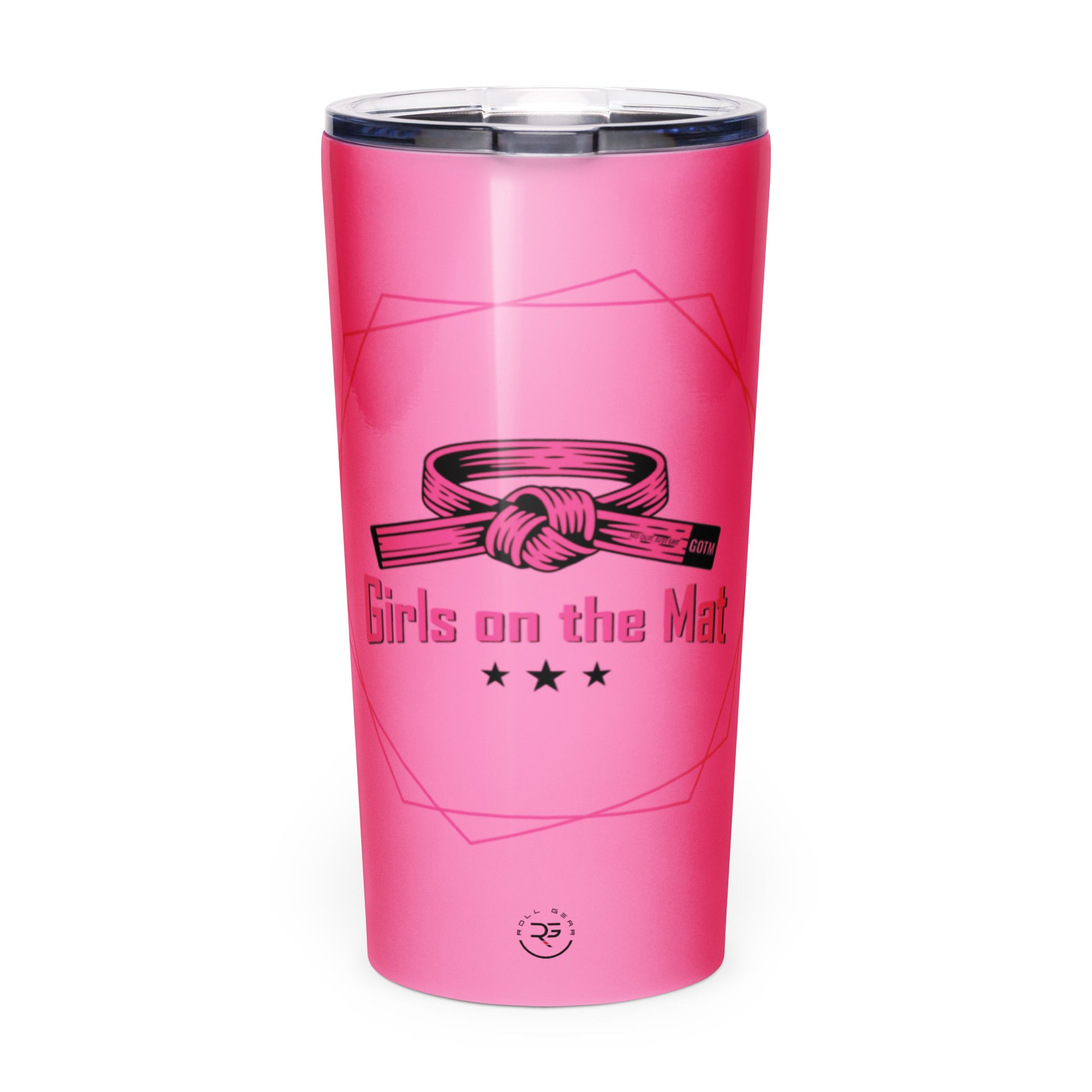 Pink tumbler with 'Girls on the Mat' design on a white background