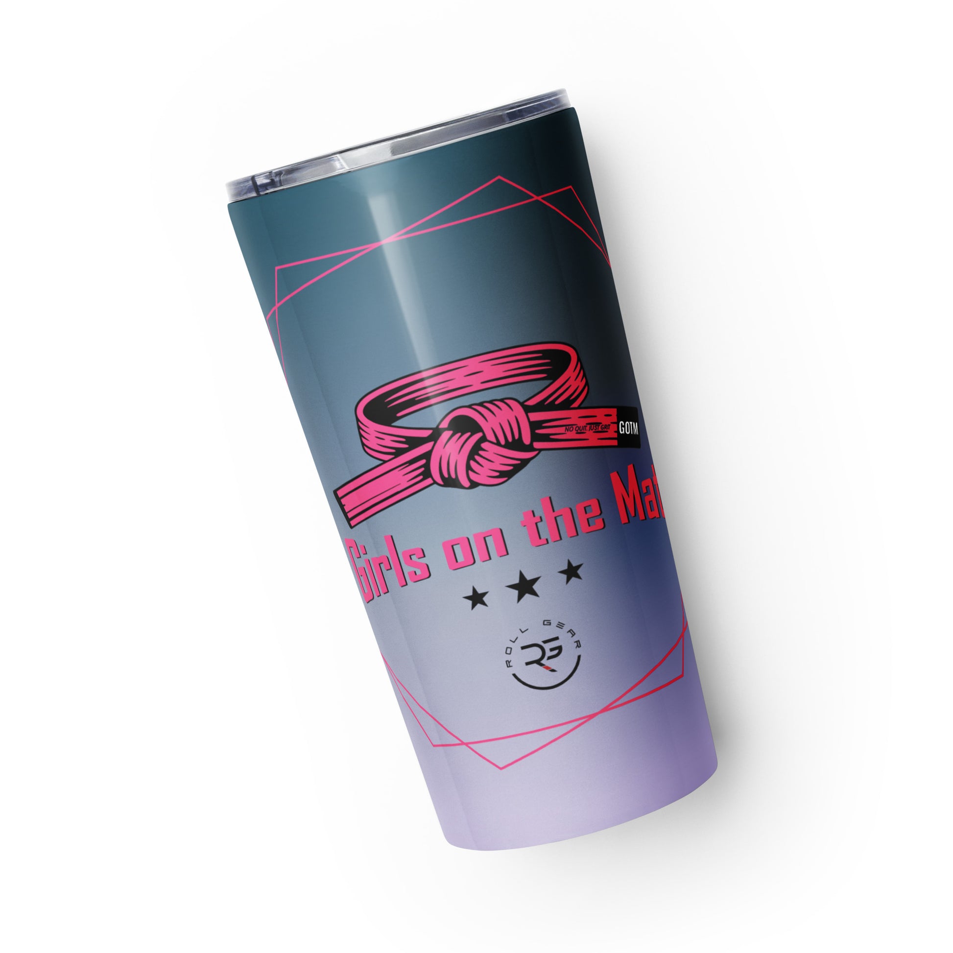 Tumbler with pink graphic and text on a white background