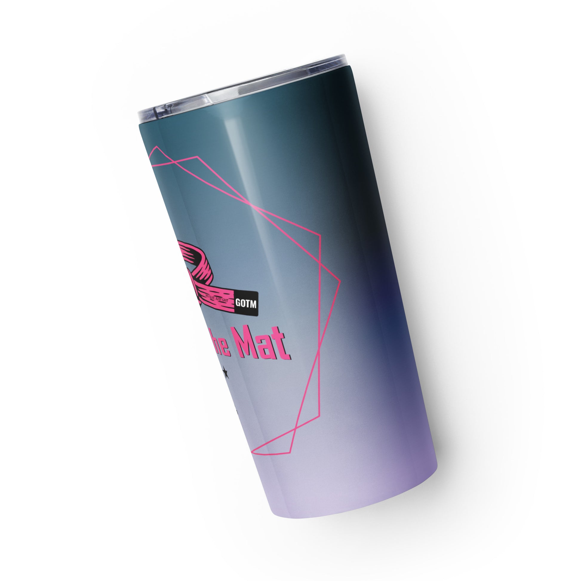 Tumbler with gradient design and text on a white background