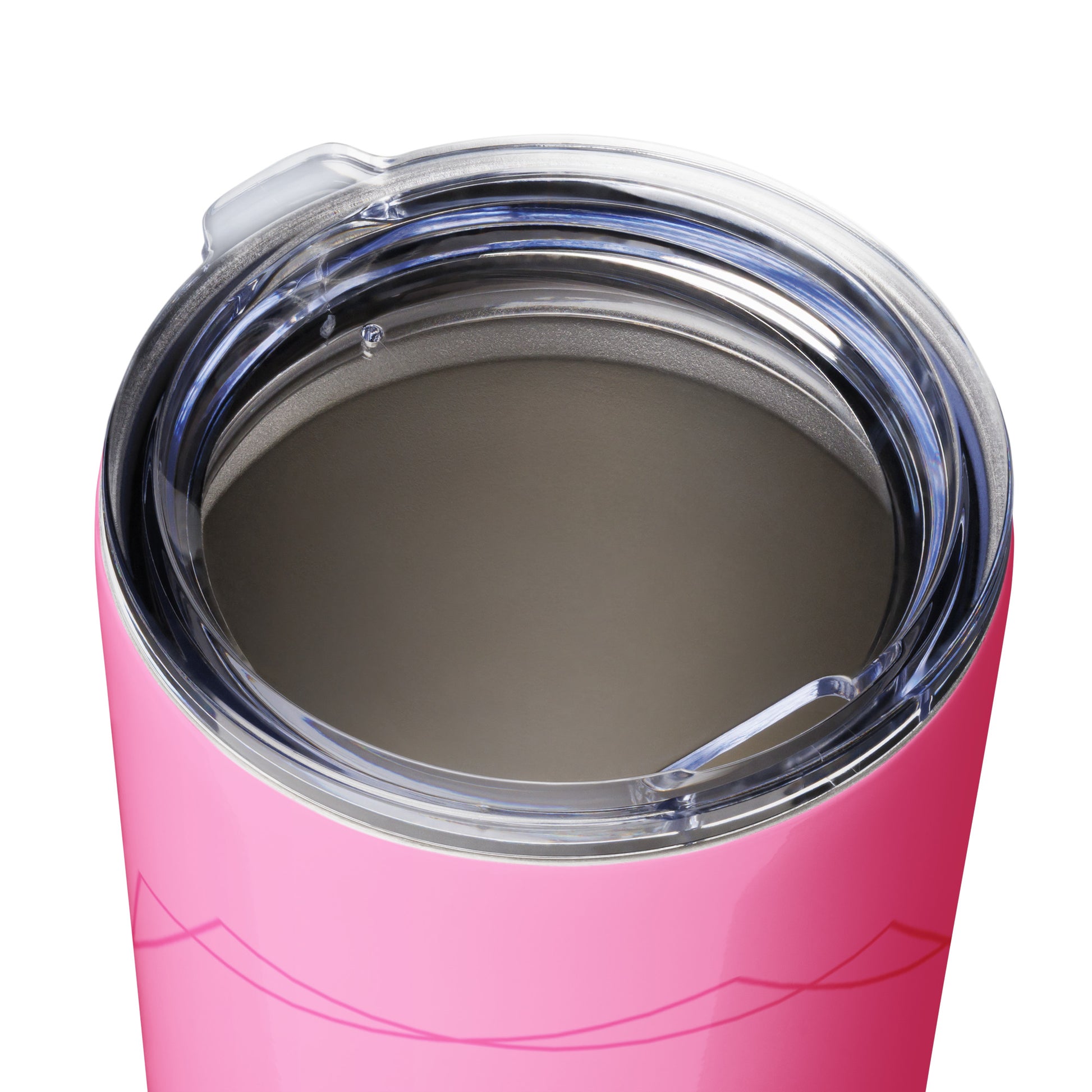 Close-up of a pink tumbler with a clear lid on a white background