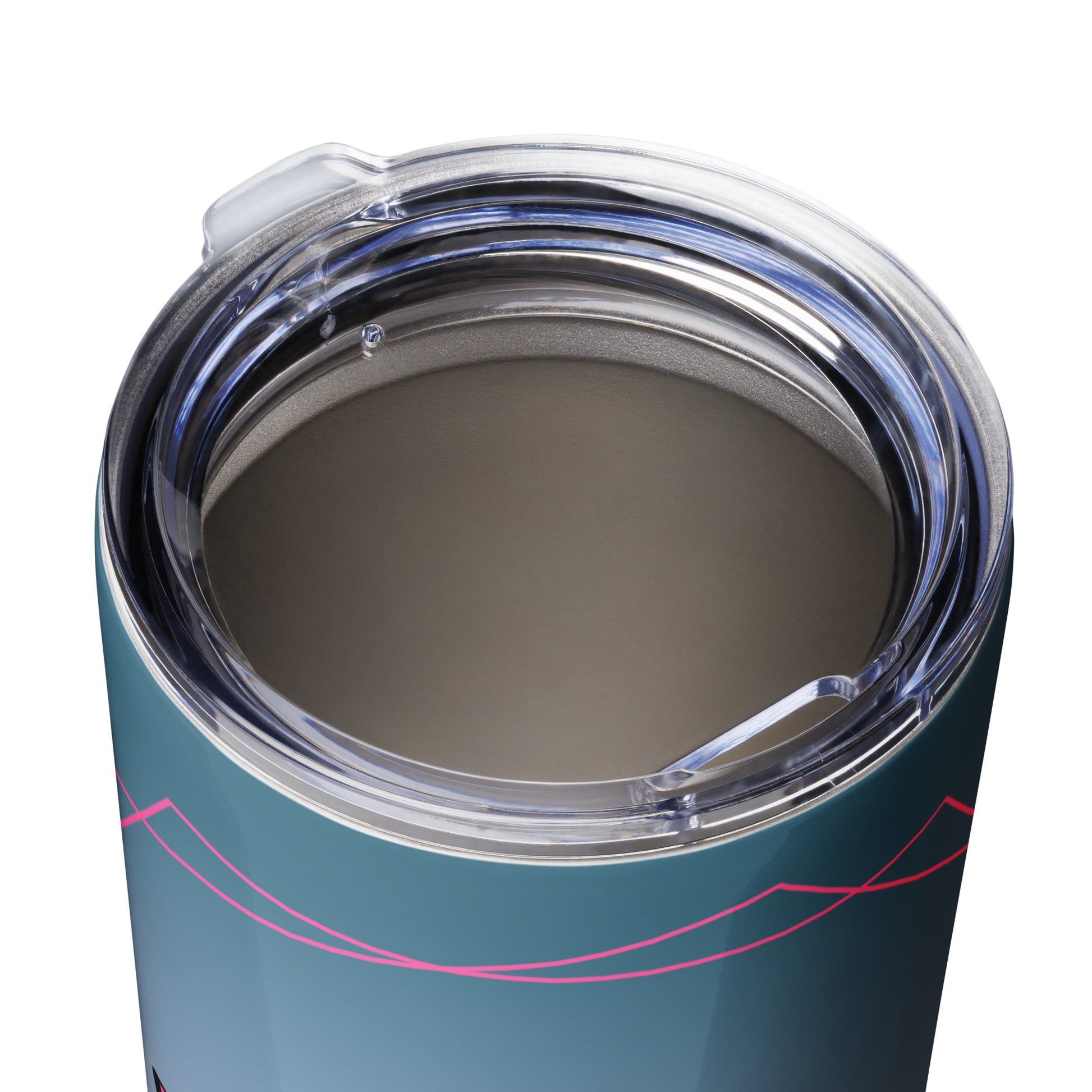 Close-up of a teal tumbler with a clear lid on a white background