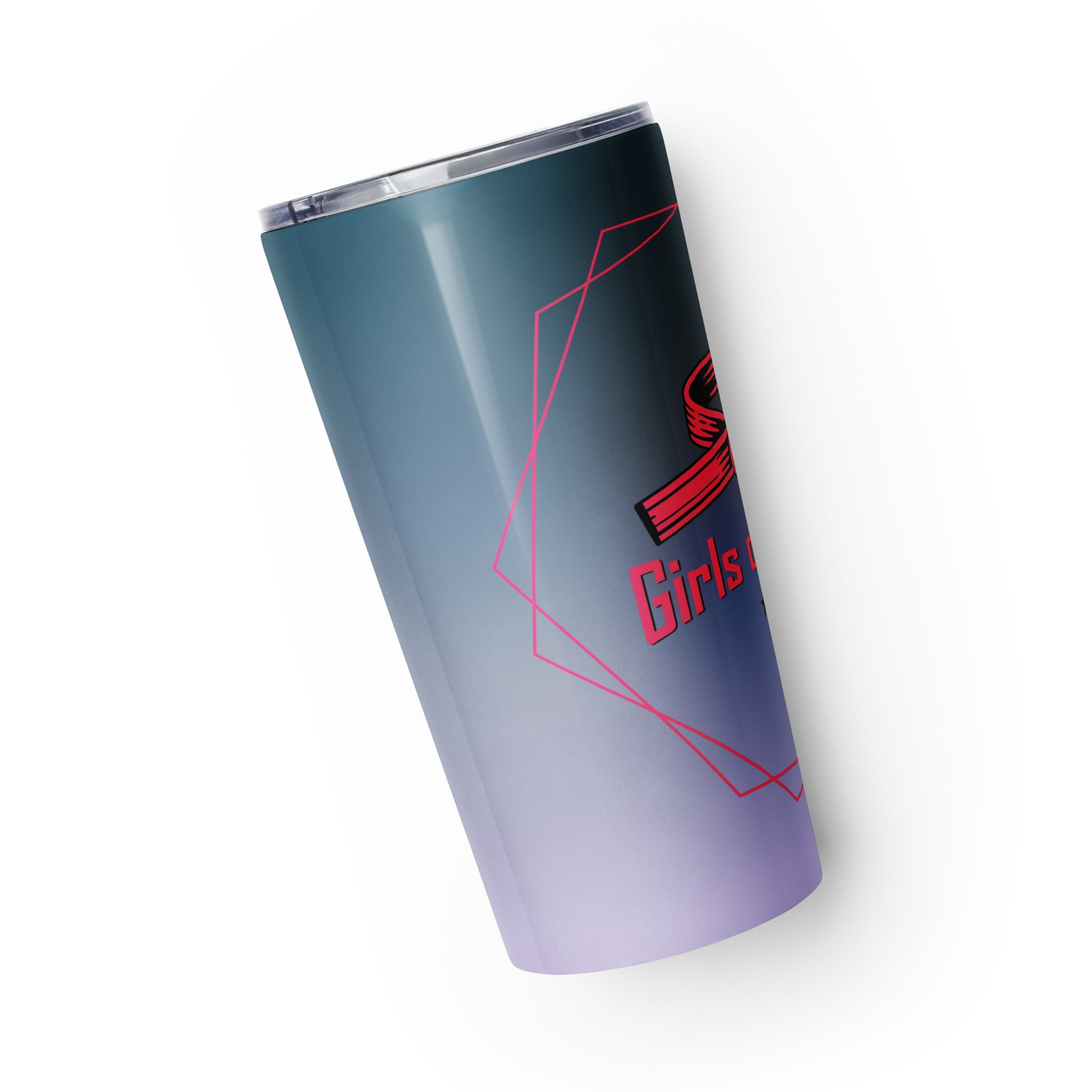 Gradient tumbler with red geometric design and text on a white background