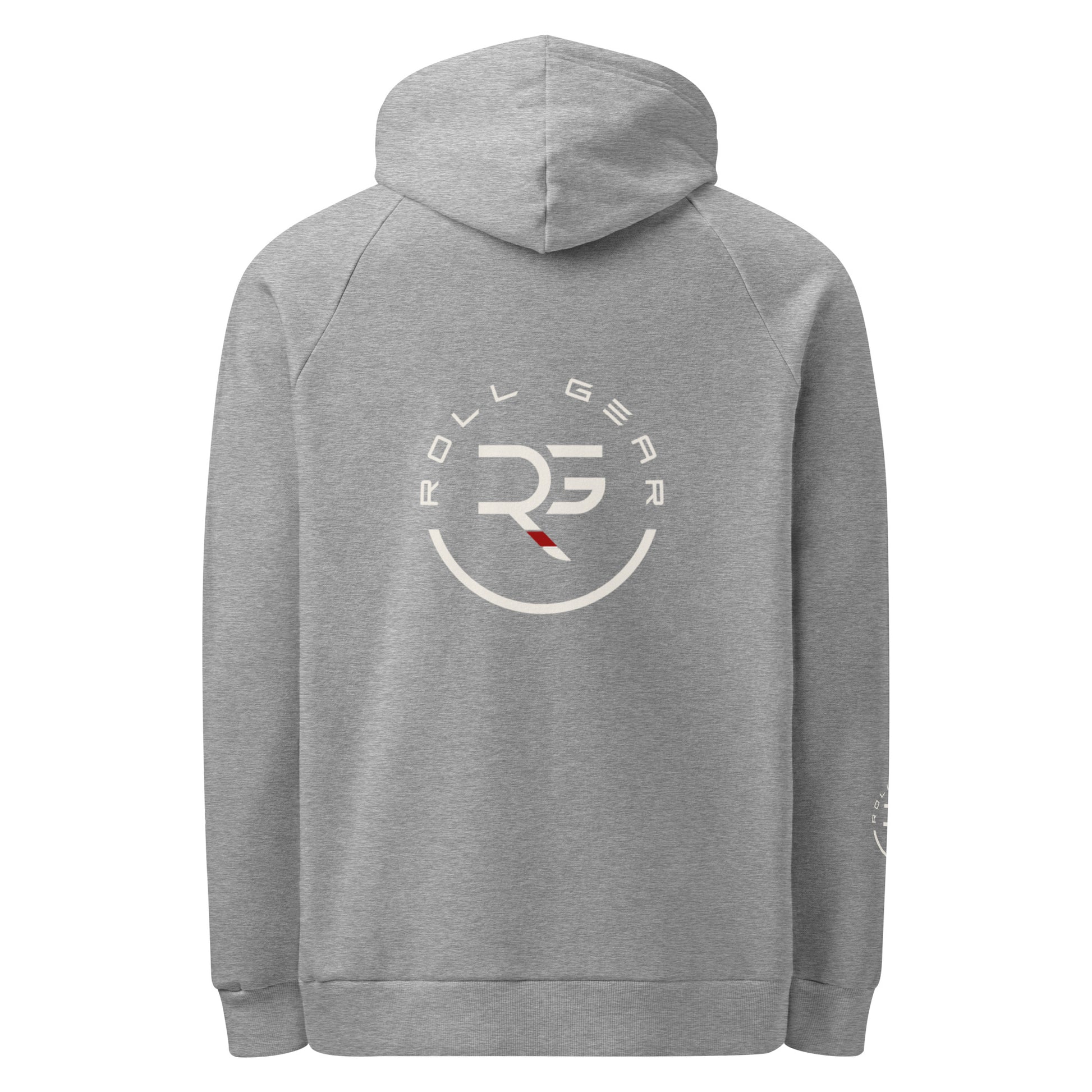 Gray hoodie with 'Roll Gear' logo on the back against a white background