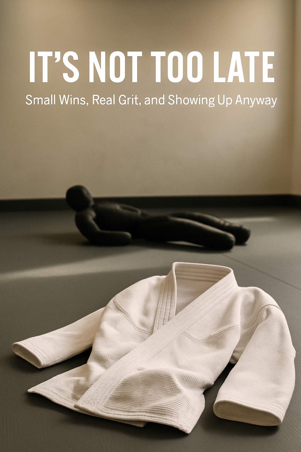 A white Brazilian Jiu-Jitsu gi is folded neatly on a gray mat in a softly lit gym, with a black grappling dummy lying in the background. Bold white text reads “It’s Not Too Late – Small Wins, Real Grit, and Showing Up Anyway.”