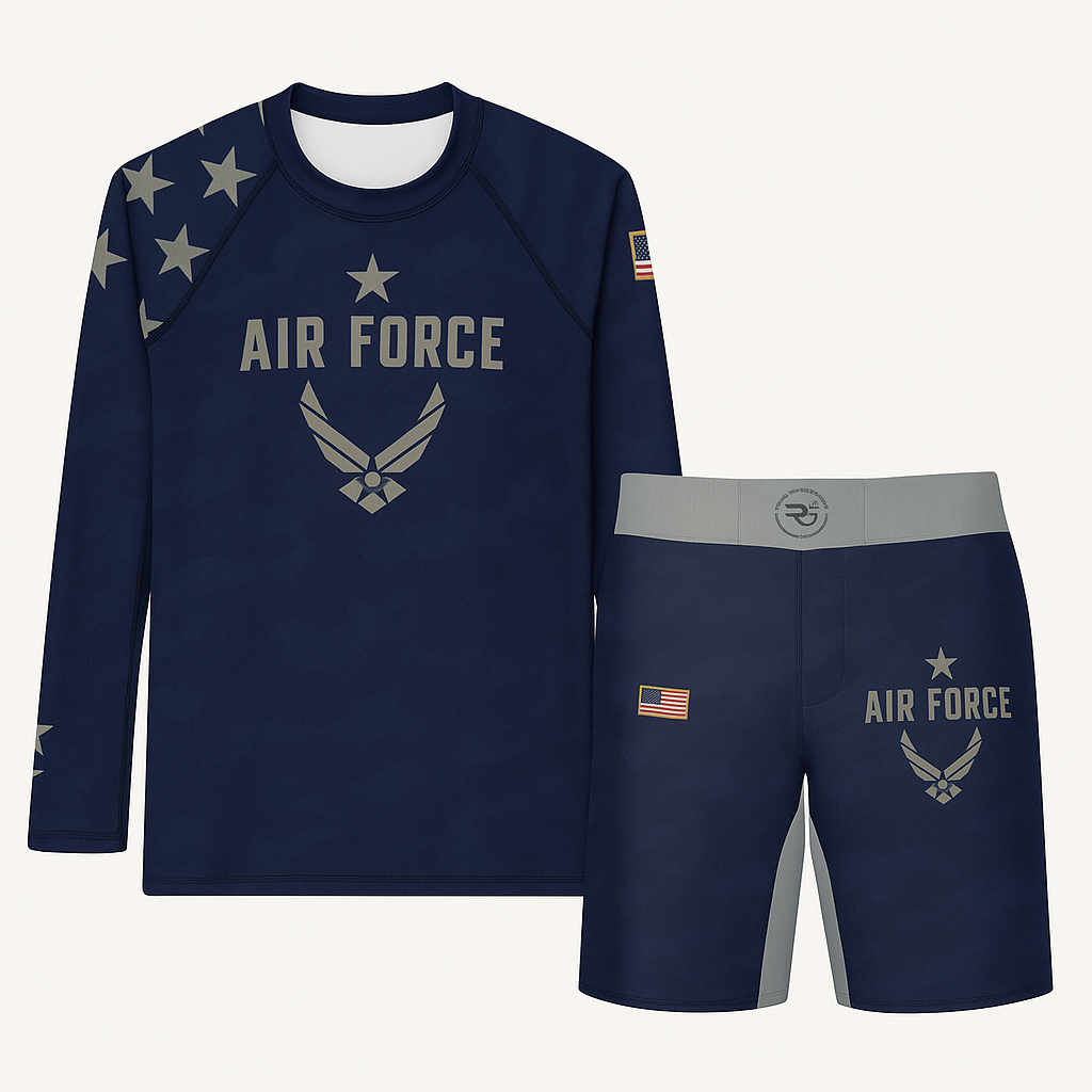 AirForce bjj grappling set. Rash guard and grappling shorts. 