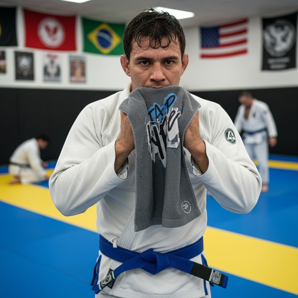 Roll Gear HYPE training towel with graffiti print on front and absorbent cotton back. Gray.