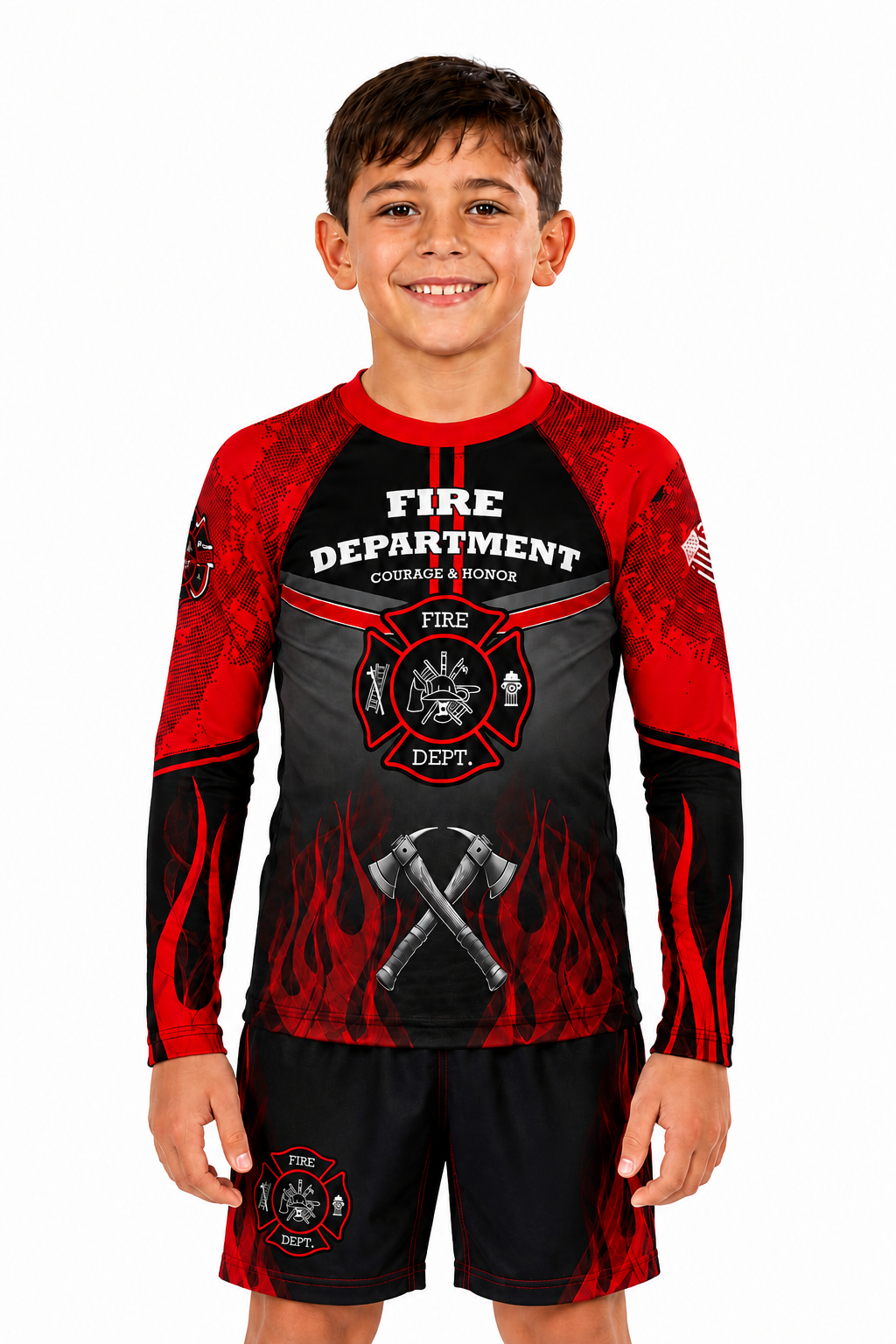 Roll Gear – Kids Fire Department Edition Short Sleeve Rash Guard – Red, Black & Smoke Grey – Premium Compression Fit