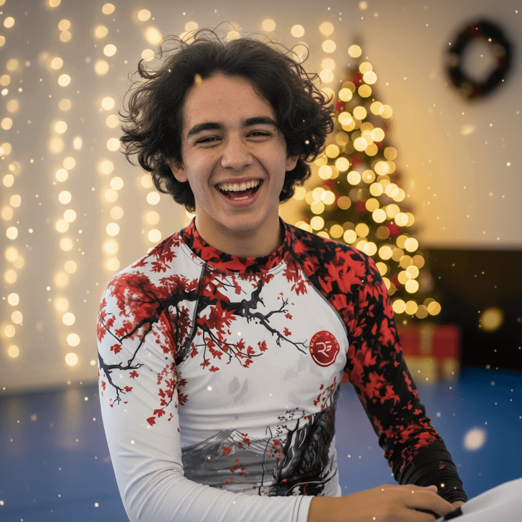 Person wearing a red and white patterned shirt with a Christmas tree and lights in the background