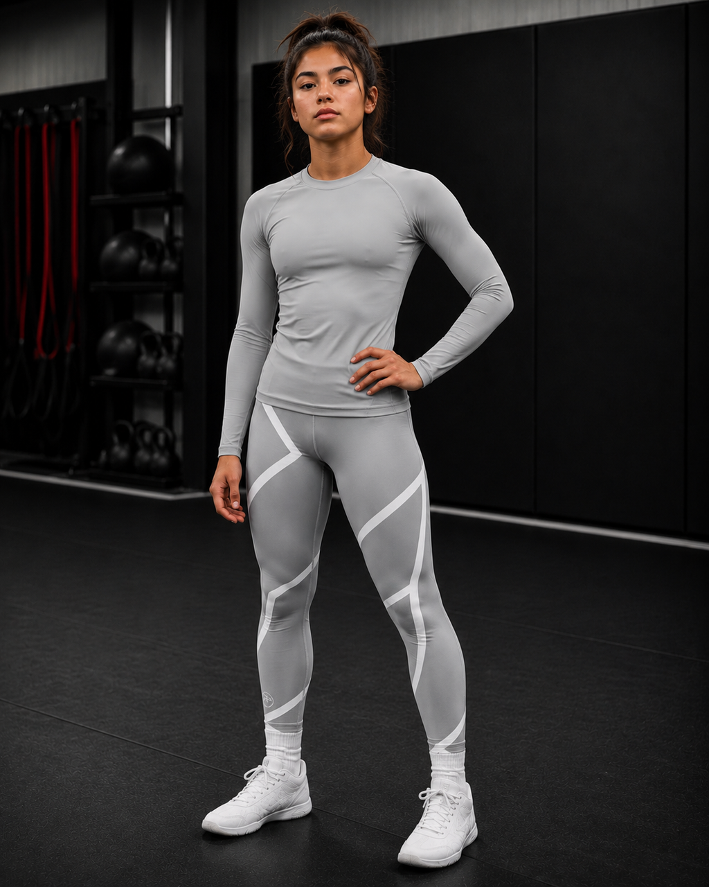 Woman wearing a gray athletic outfit with white accents in a gym setting
