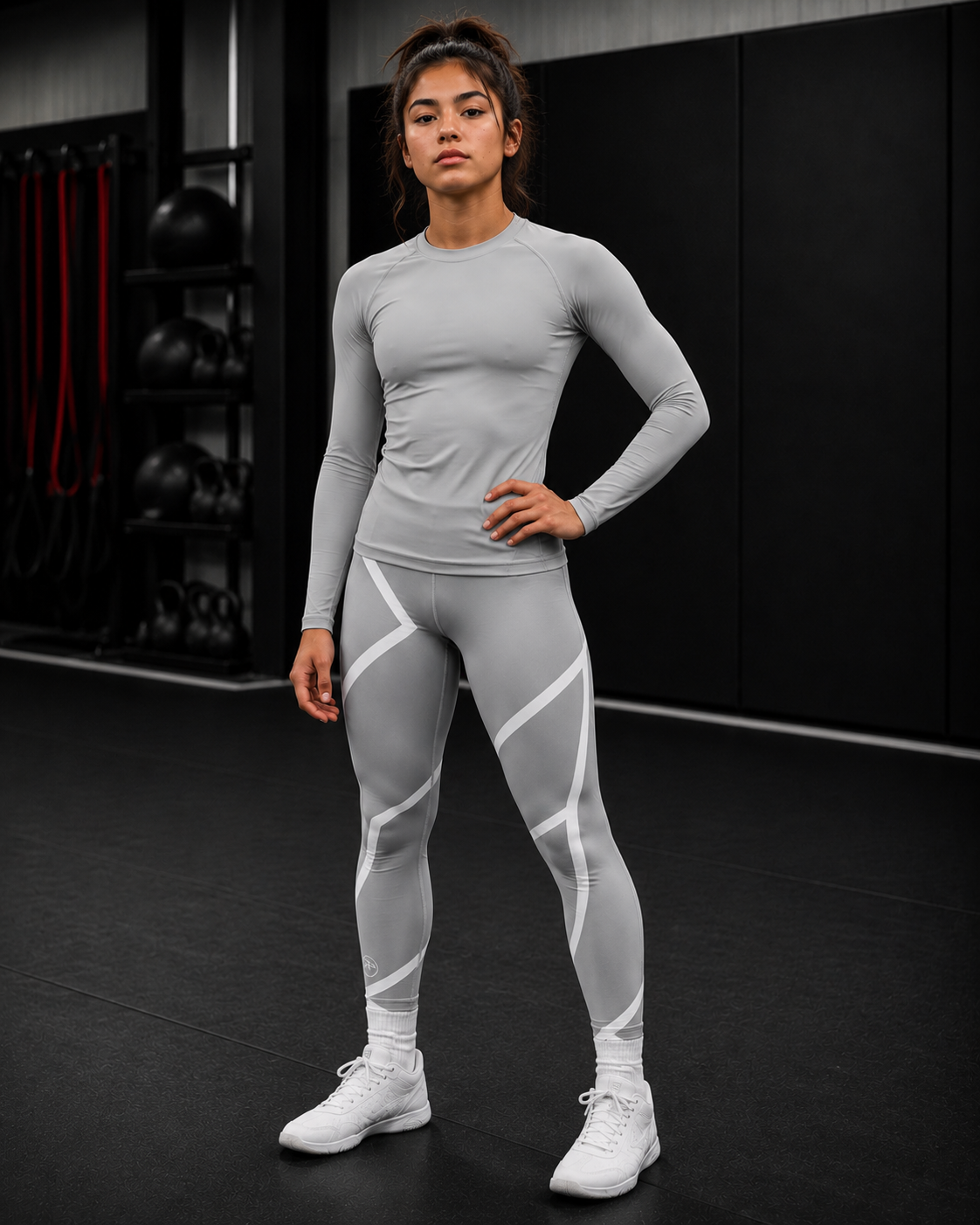Woman wearing a gray athletic outfit with white accents in a gym setting