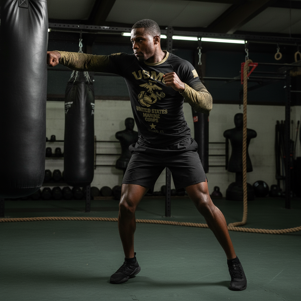 Marine Person in a gym wearing a USMC t-shirt, training with a punching bag.