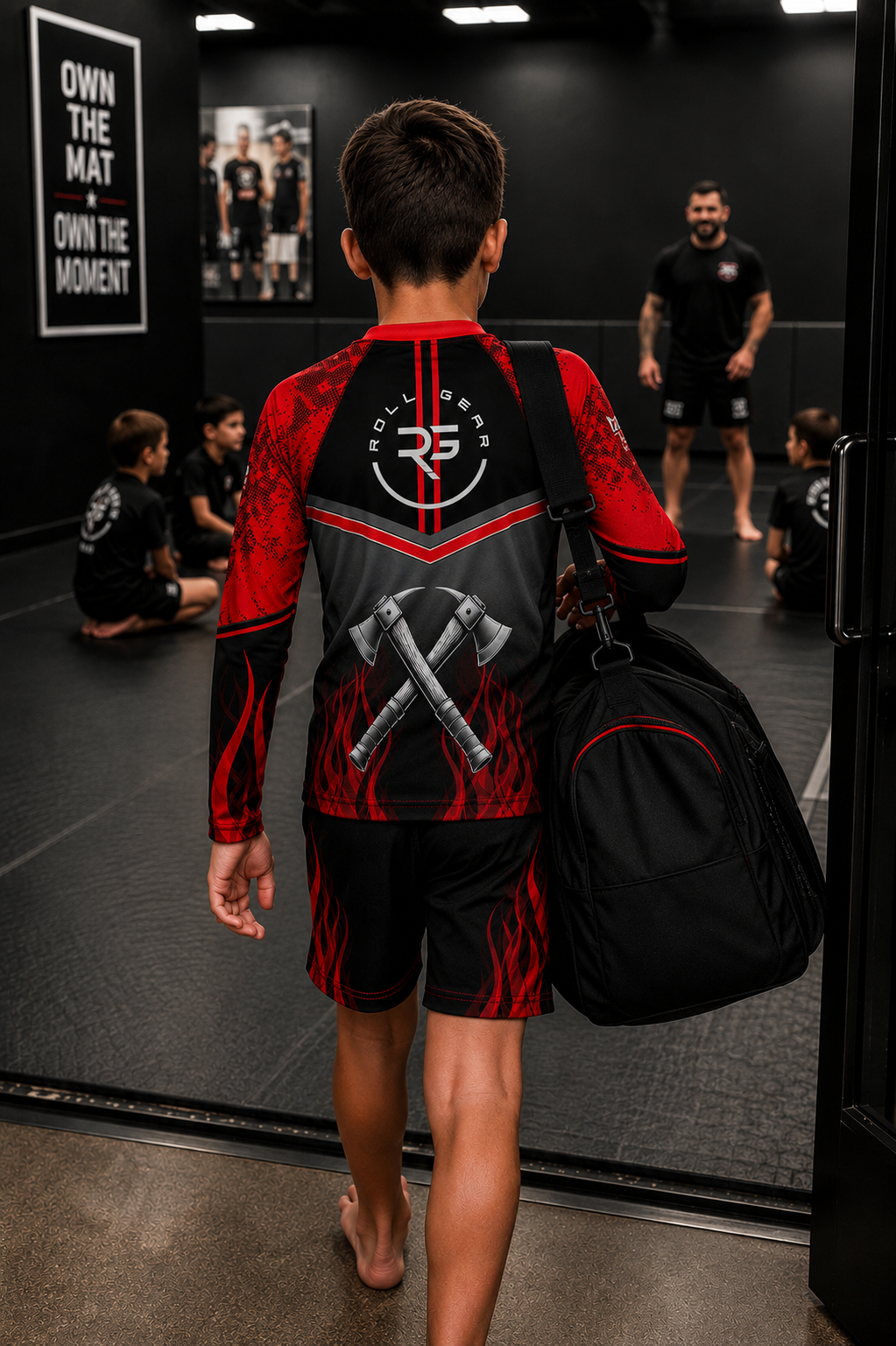 Roll Gear – Kids Fire Department Edition Short Sleeve Rash Guard – Red, Black & Smoke Grey – Premium Compression Fit