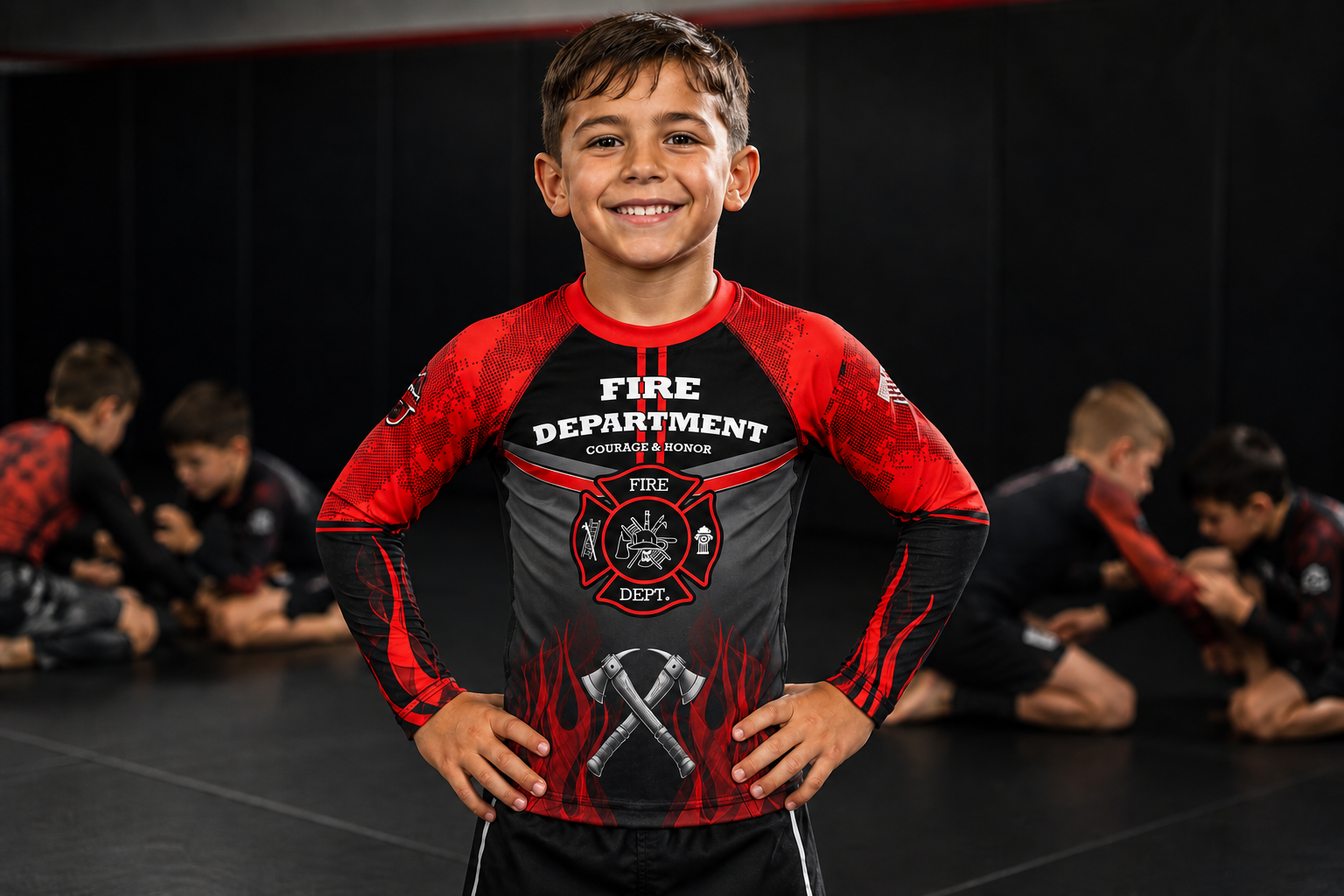Roll Gear – Kids Fire Department Edition Short Sleeve Rash Guard – Red, Black & Smoke Grey – Premium Compression Fit